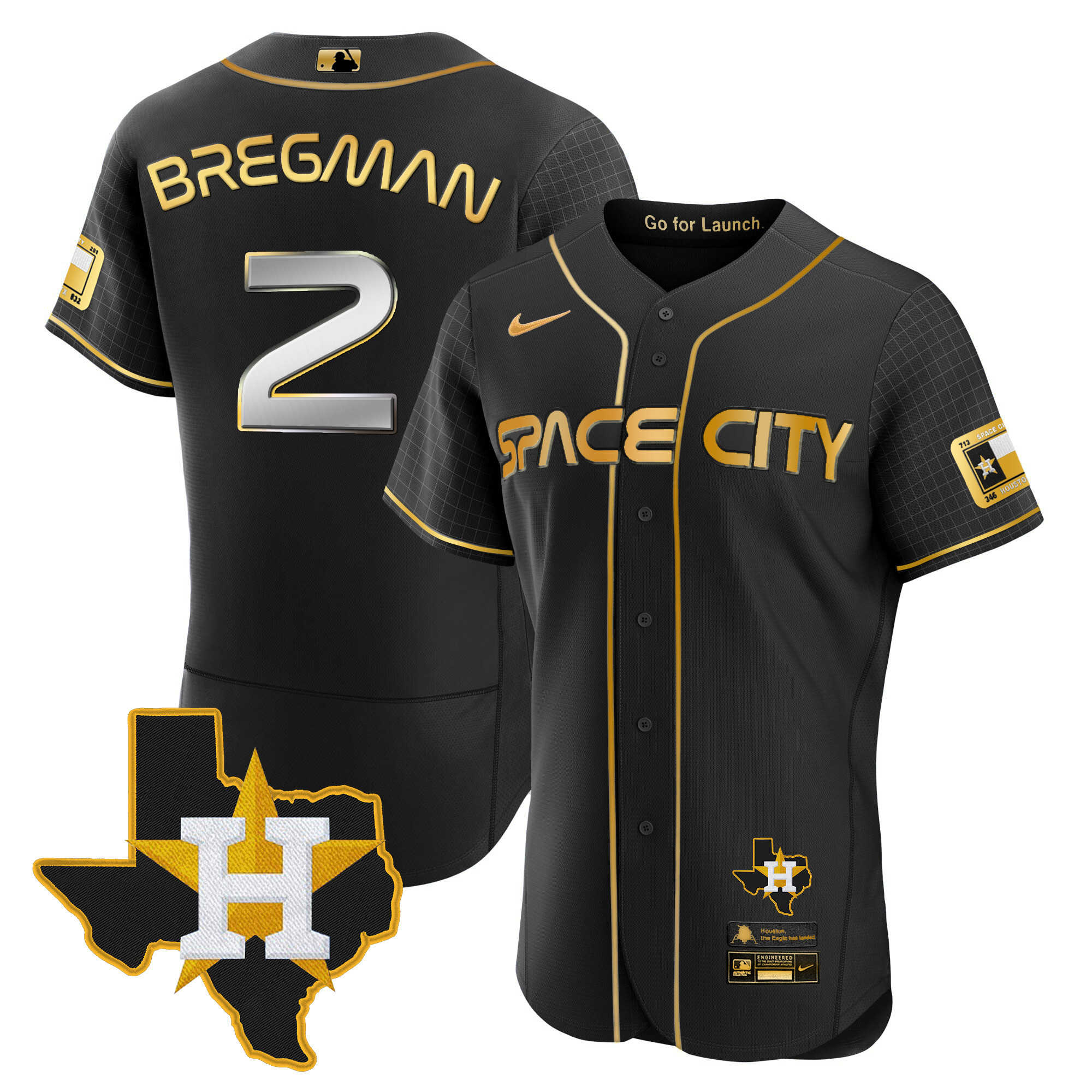 Alex Bregman Men's Houston Astros Space City Flex Base - Texas Patch Black Gold Jersey - All Stitched