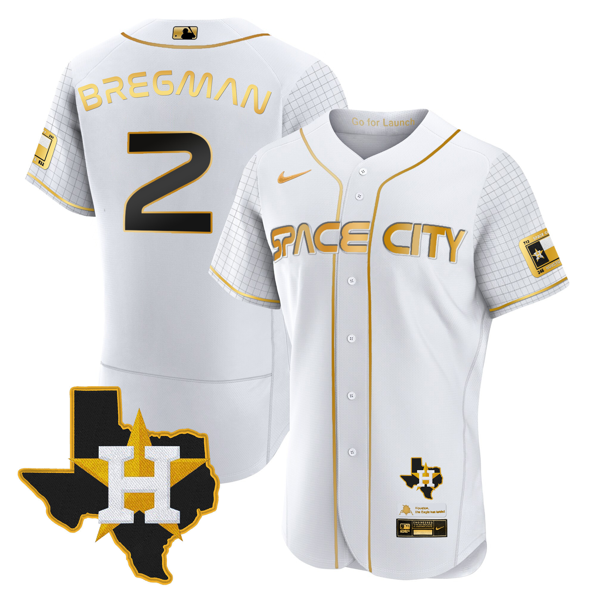 Alex Bregman Men's Houston Astros Space City Flex Base - Texas Patch White Gold Jersey - All Stitched