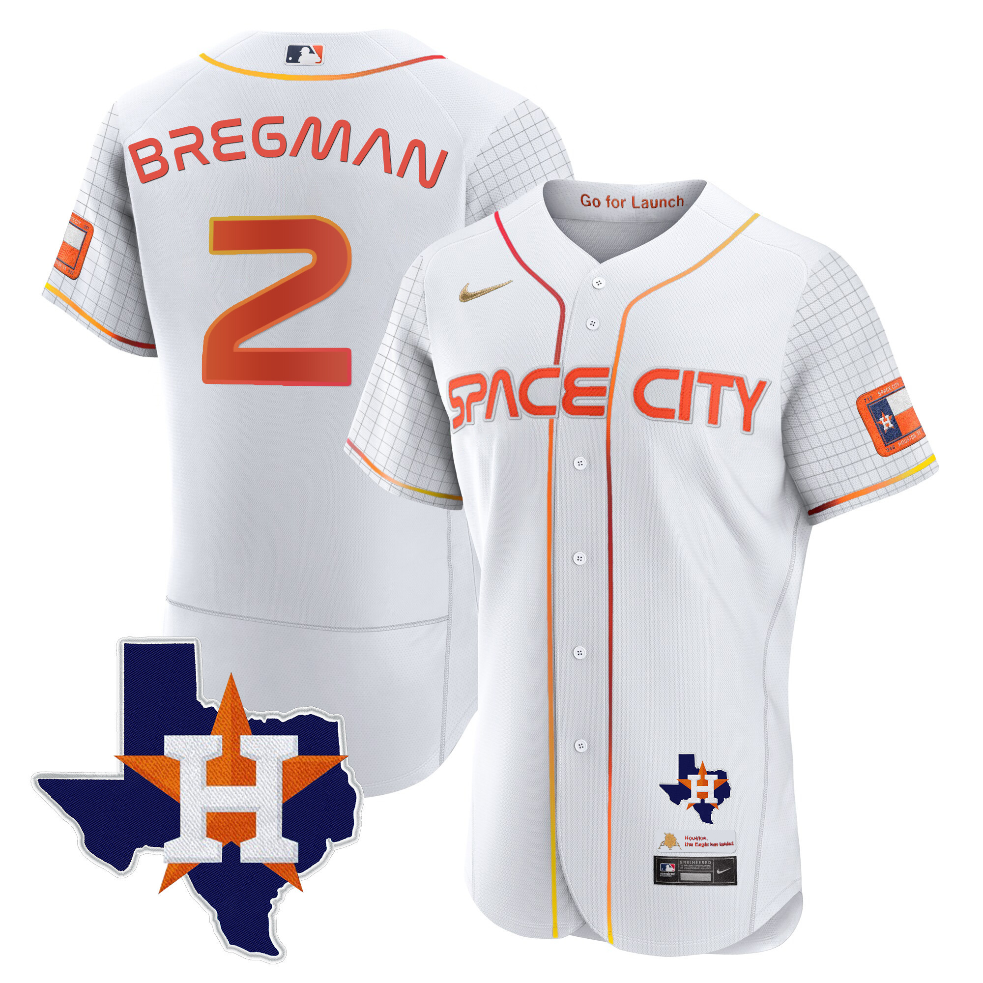 Alex Bregman Men's Houston Astros Space City Flex Base - Texas Patch White Jersey - All Stitched