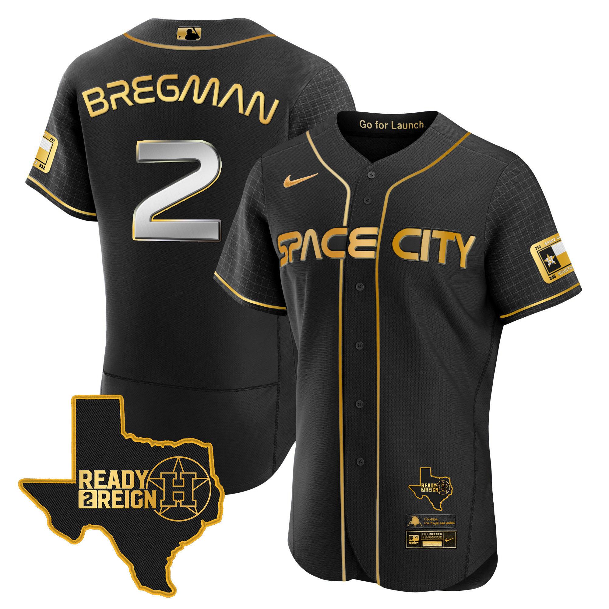Alex Bregman Men's Houston Astros Space City Ready 2 Reign Flex Base Black Gold Jersey - All Stitched