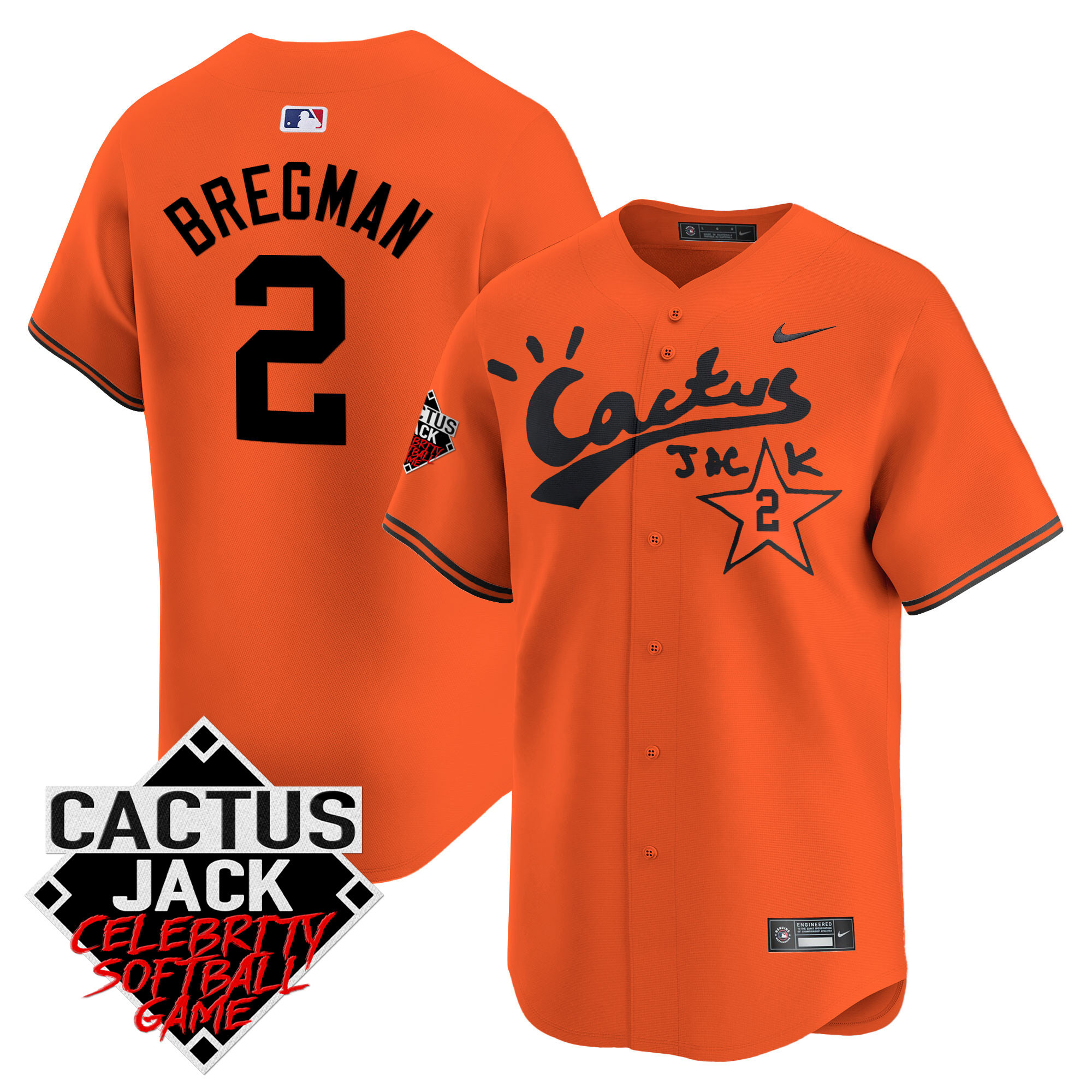 Alex Bregman Men's Houston Astros Cactus Jack Celebrity Softball Game Patch Vapor Premier Limited V2 Orange Jersey - All Stitched