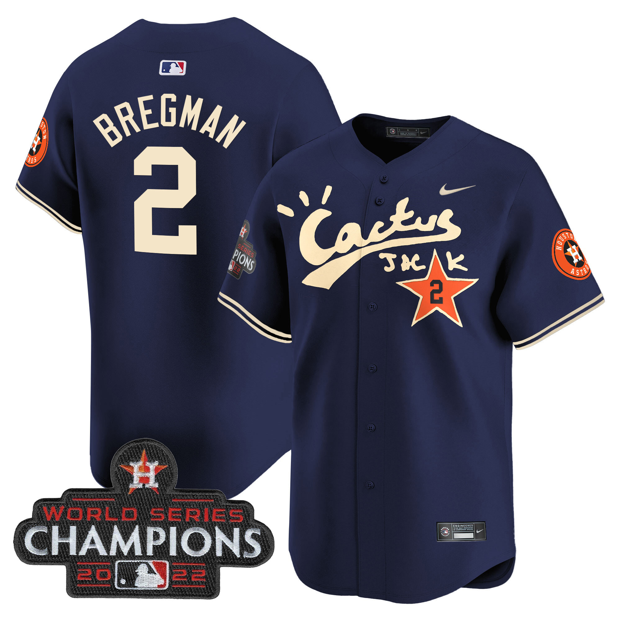 Alex Bregman Men's Houston Astros Cactus Jack Champions Patch Vapor Premier Limited Navy Jersey - All Stitched
