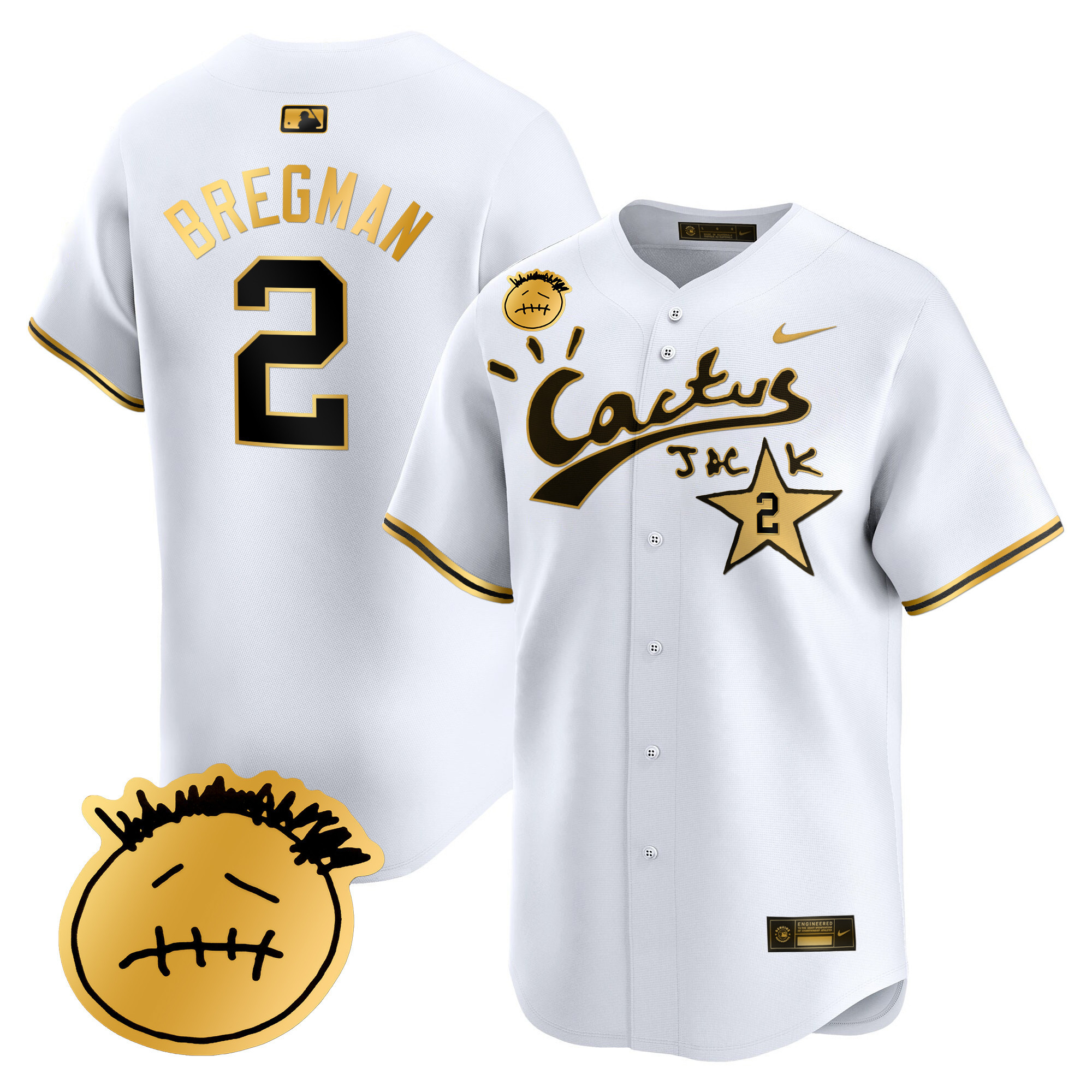 Alex Bregman Men's Houston Astros Cactus Jack Patch Vapor Premier Limited V5 White Gold Jersey - All Stitched