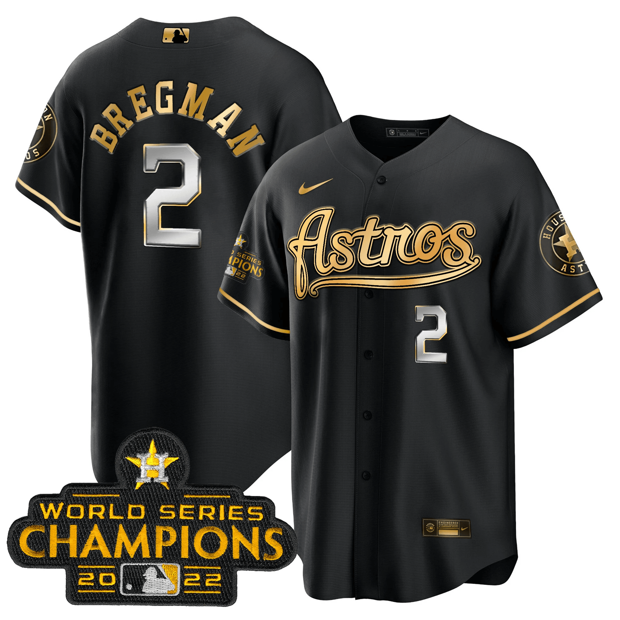 Alex Bregman Men's Houston Astros Champions & Throwback Patch Gold V2 Cool Black Jersey - All Stitched