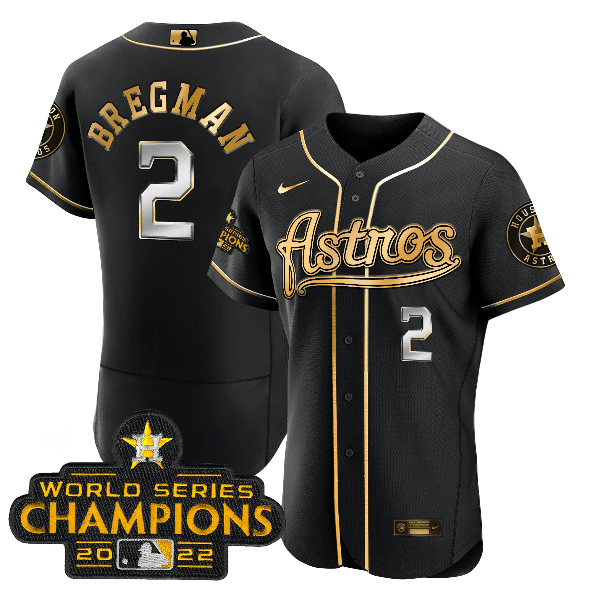 Alex Bregman Men's Houston Astros Champions & Throwback Patch Gold V2 Flex Black Jersey - All Stitched