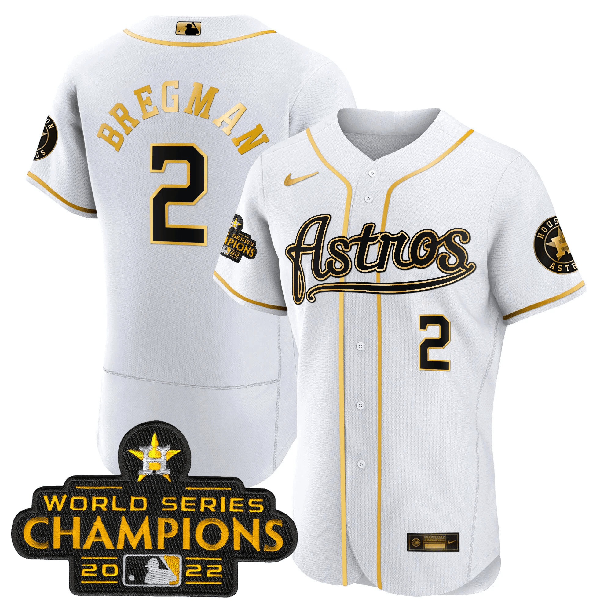 Alex Bregman Men's Houston Astros Champions & Throwback Patch Gold V2 Flex White Jersey - All Stitched