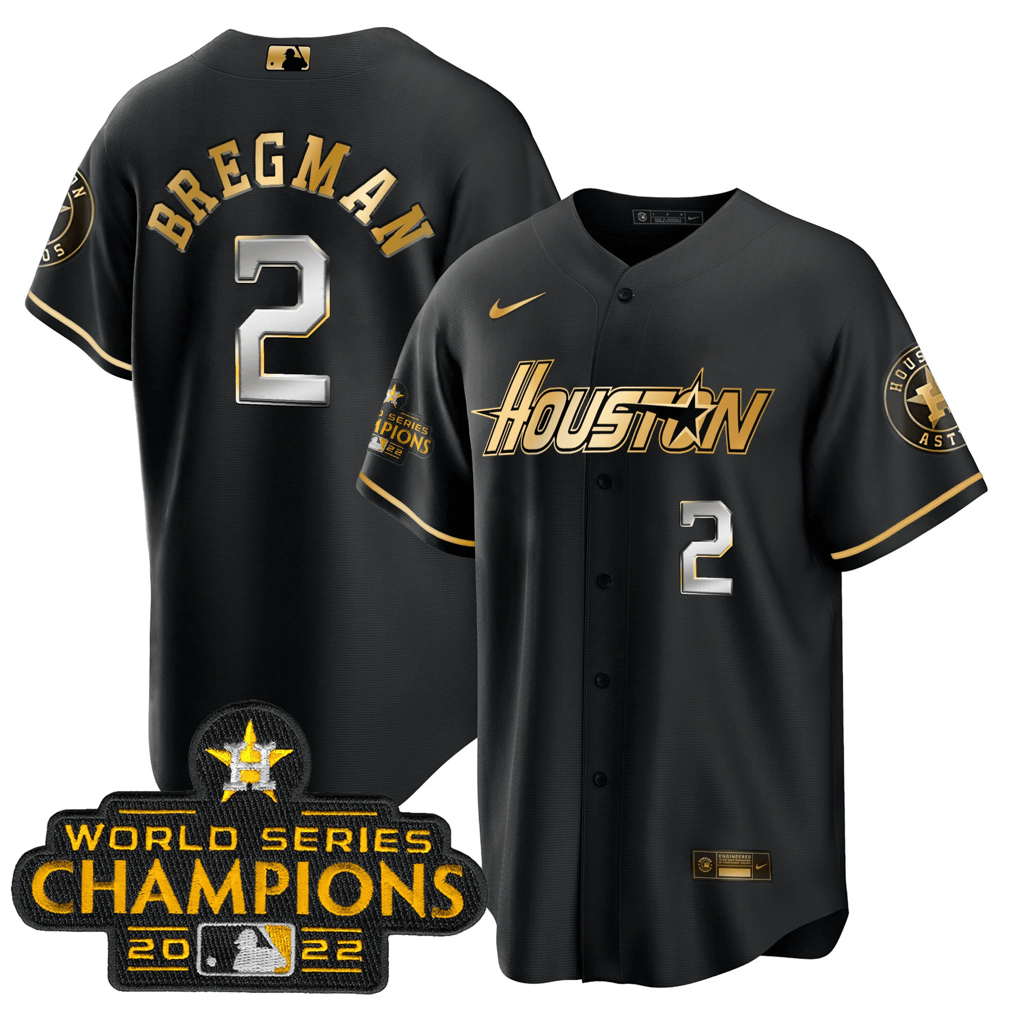 Alex Bregman Men's Houston Astros Gray & Gold Champions Patch Cool Black Jersey - All Stitched