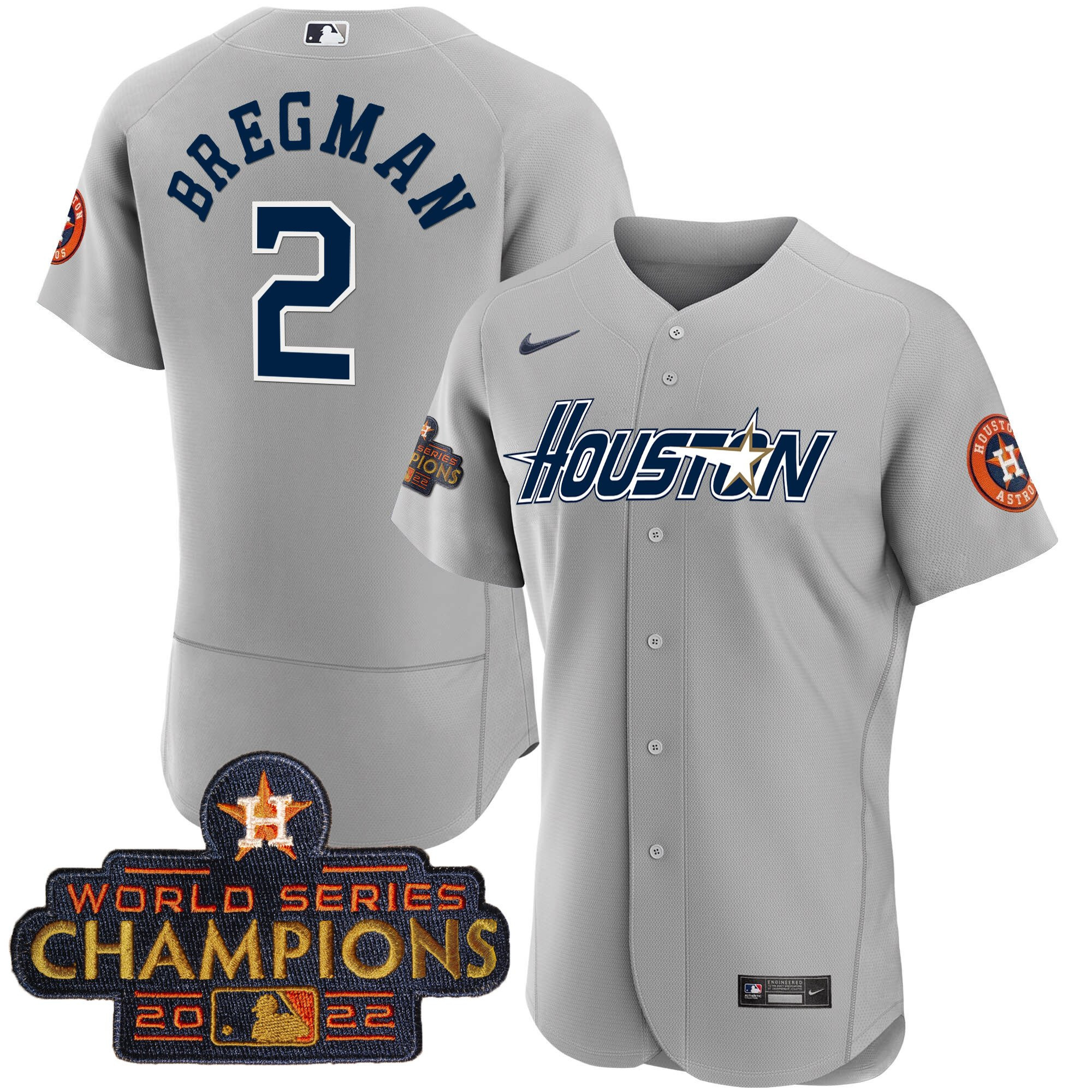 Alex Bregman Men's Houston Astros Gray & Gold Champions Patch Flex Gray Jersey - All Stitched