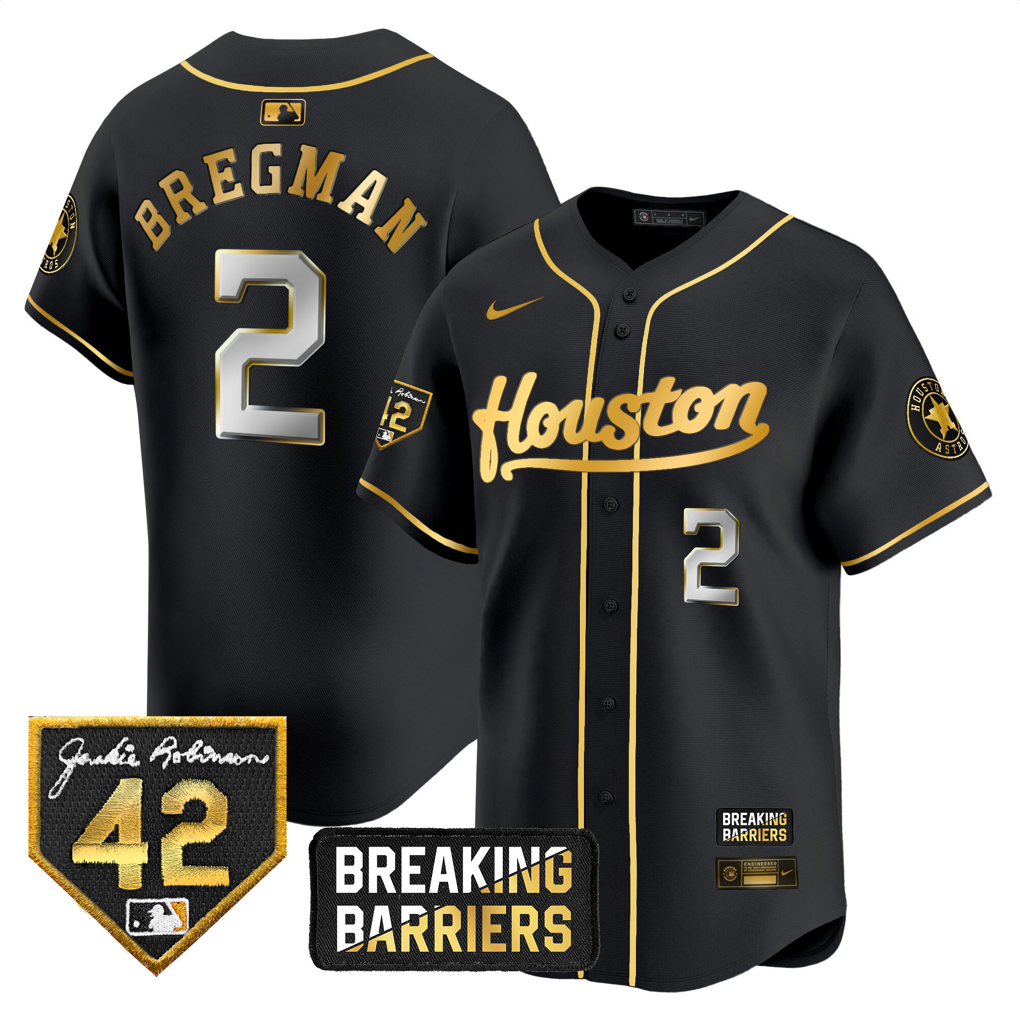 Alex Bregman Men's Houston Astros Jackie Robinson Breaking Barriers Patch Vapor Premier Limited Black Gold Jersey - All Stitched