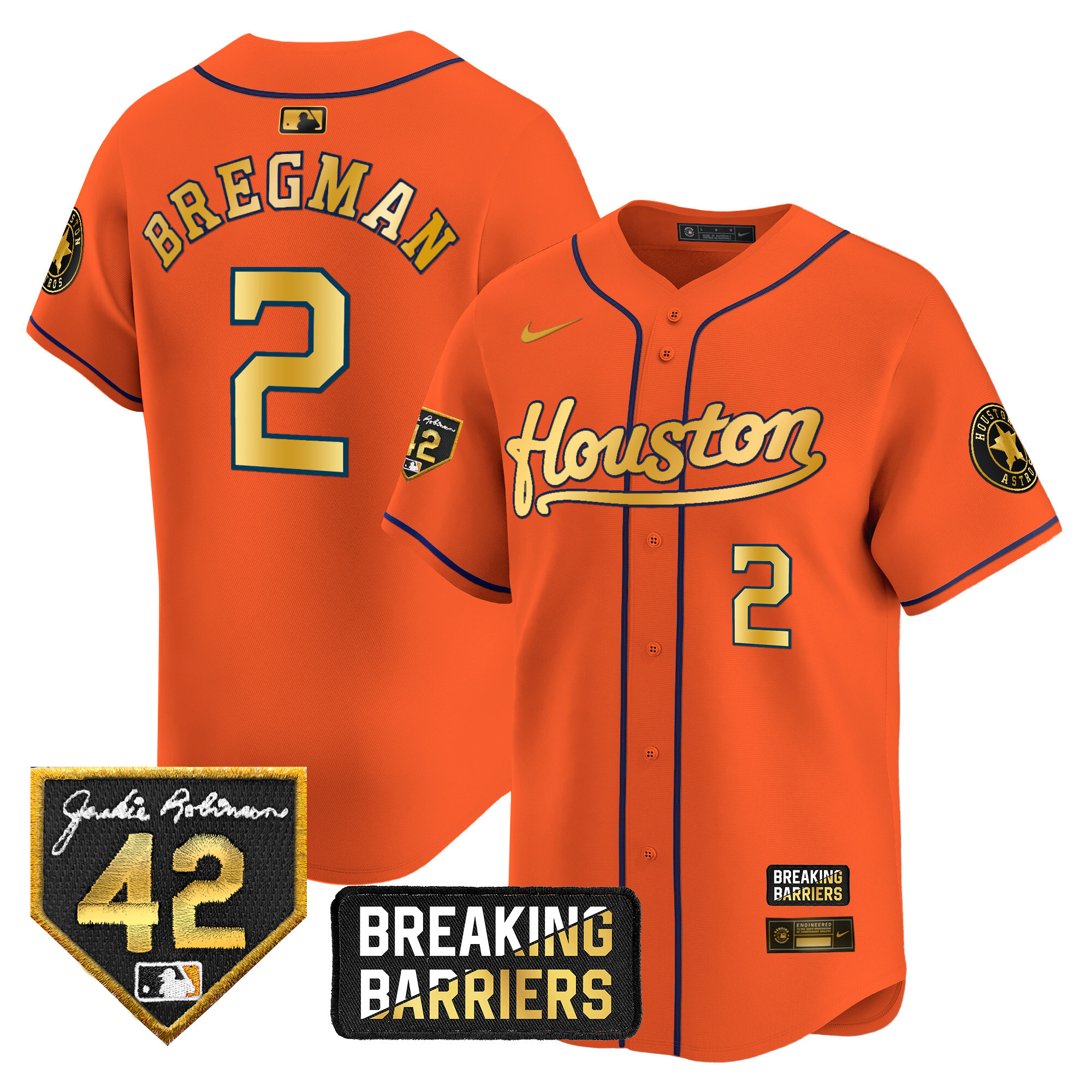 Alex Bregman Men's Houston Astros Jackie Robinson Breaking Barriers Patch Vapor Premier Limited Orange Gold Jersey - All Stitched