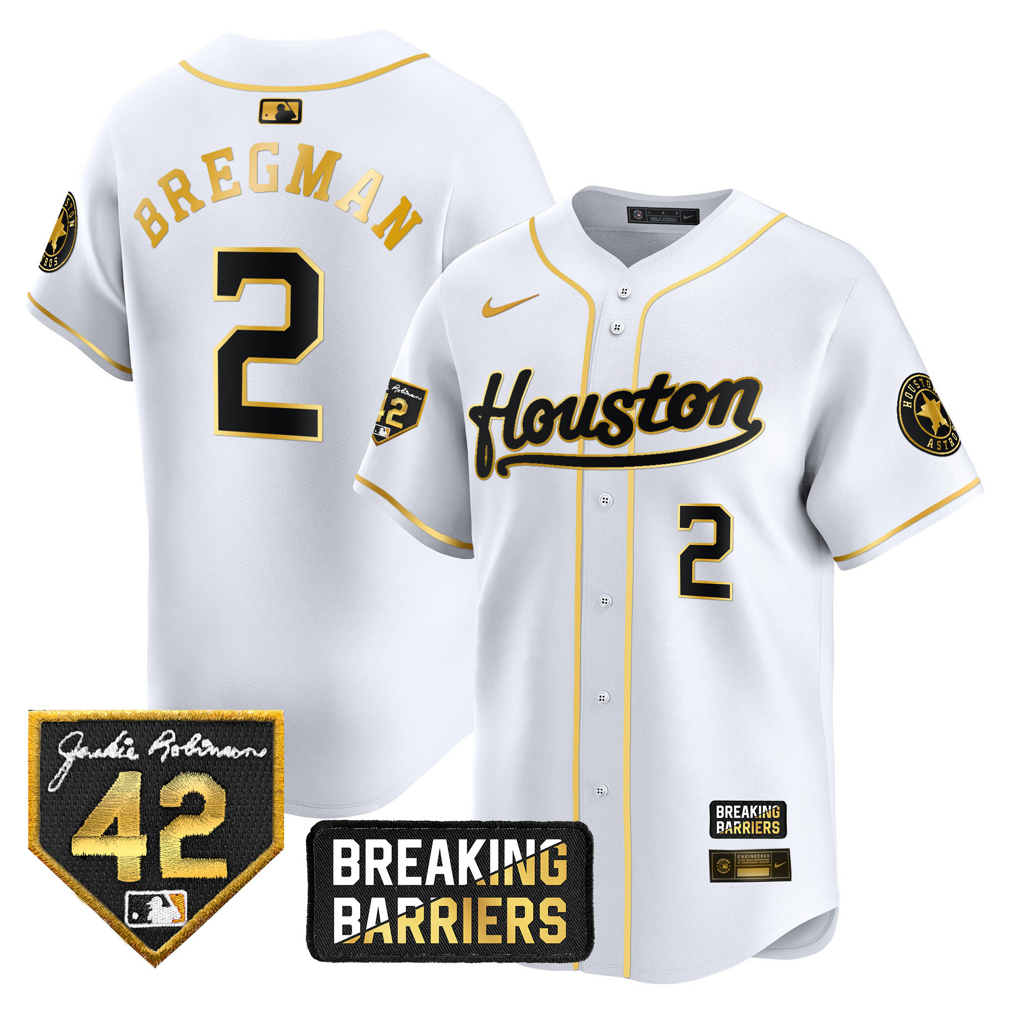 Alex Bregman Men's Houston Astros Jackie Robinson Breaking Barriers Patch Vapor Premier Limited White Gold Jersey - All Stitched