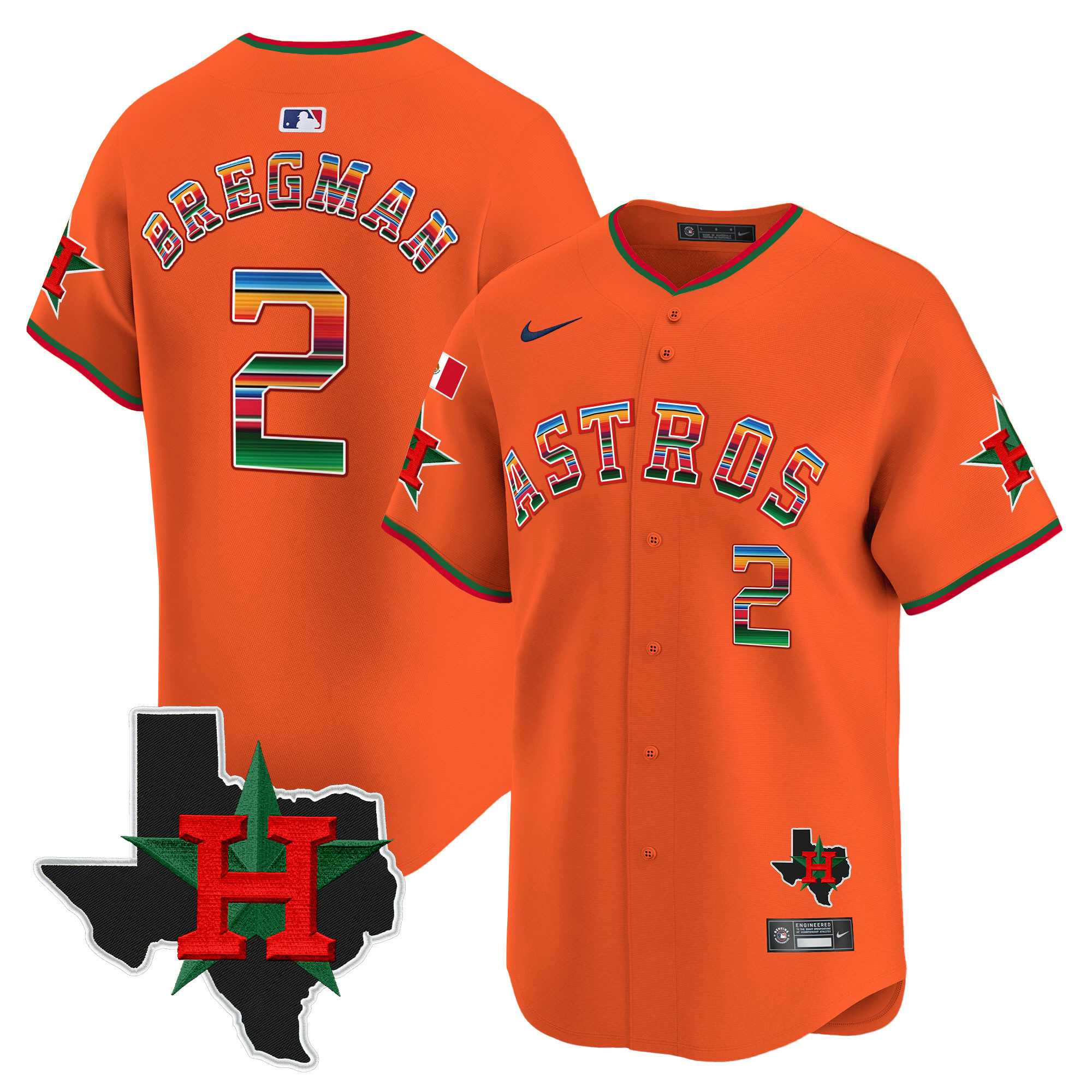 Alex Bregman Men's Houston Astros Mexico Texas Patch Vapor Premier Limited V2 Orange Jersey - All Stitched