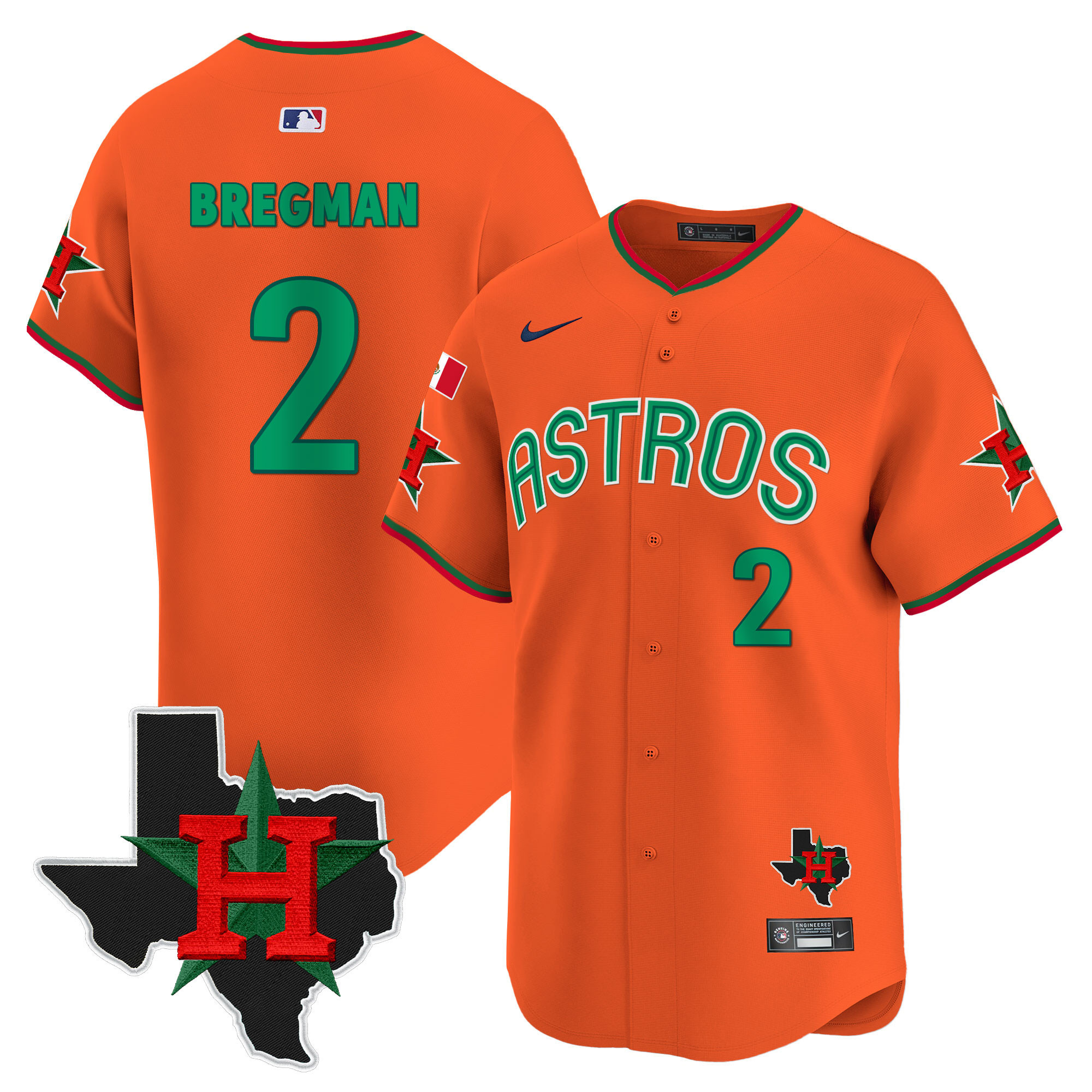 Alex Bregman Men's Houston Astros Mexico Texas Patch Vapor Premier Limited V3 Orange Jersey - All Stitched