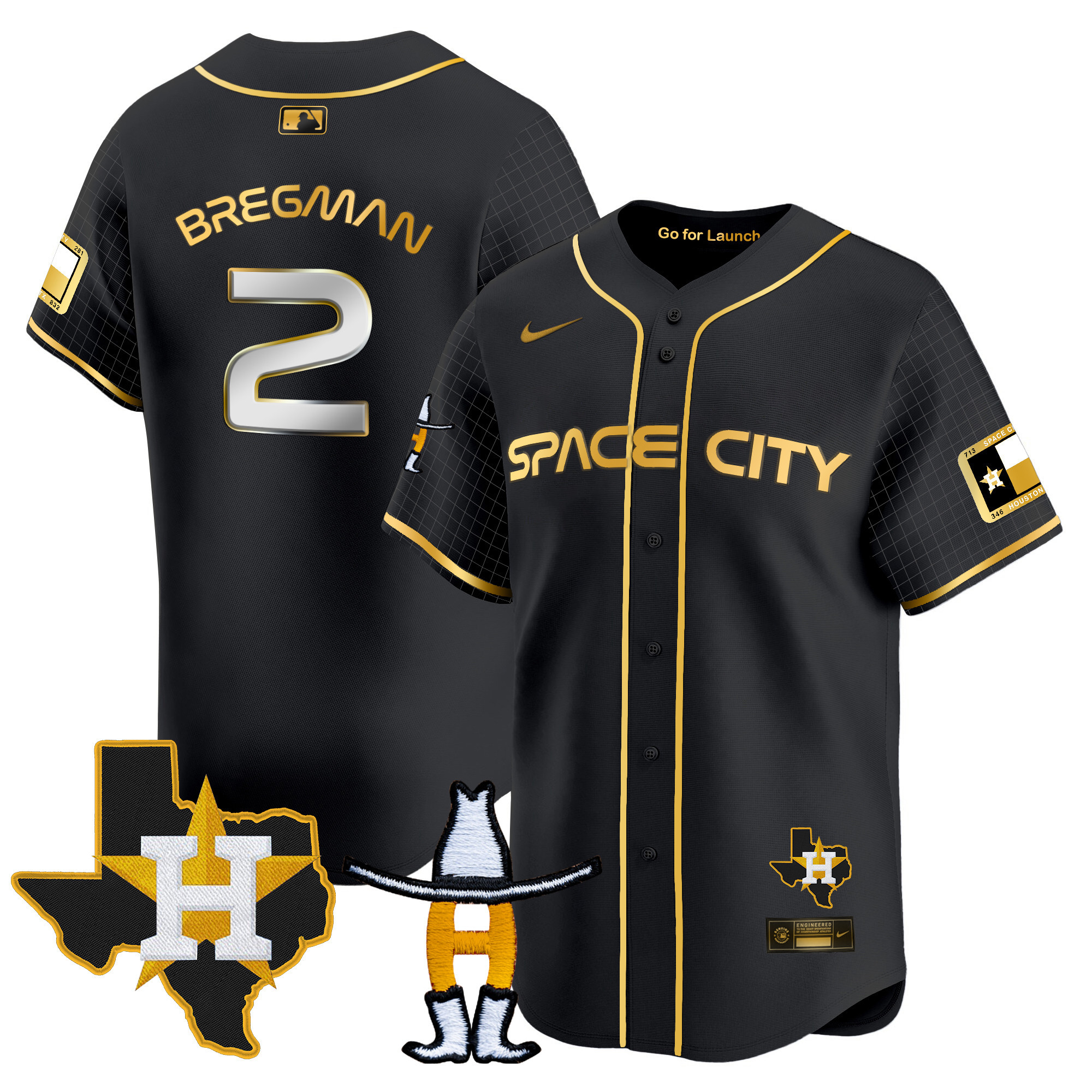 Alex Bregman Men's Houston Astros Space City Texas Patch Vapor Premier Limited Black Gold Jersey - All Stitched