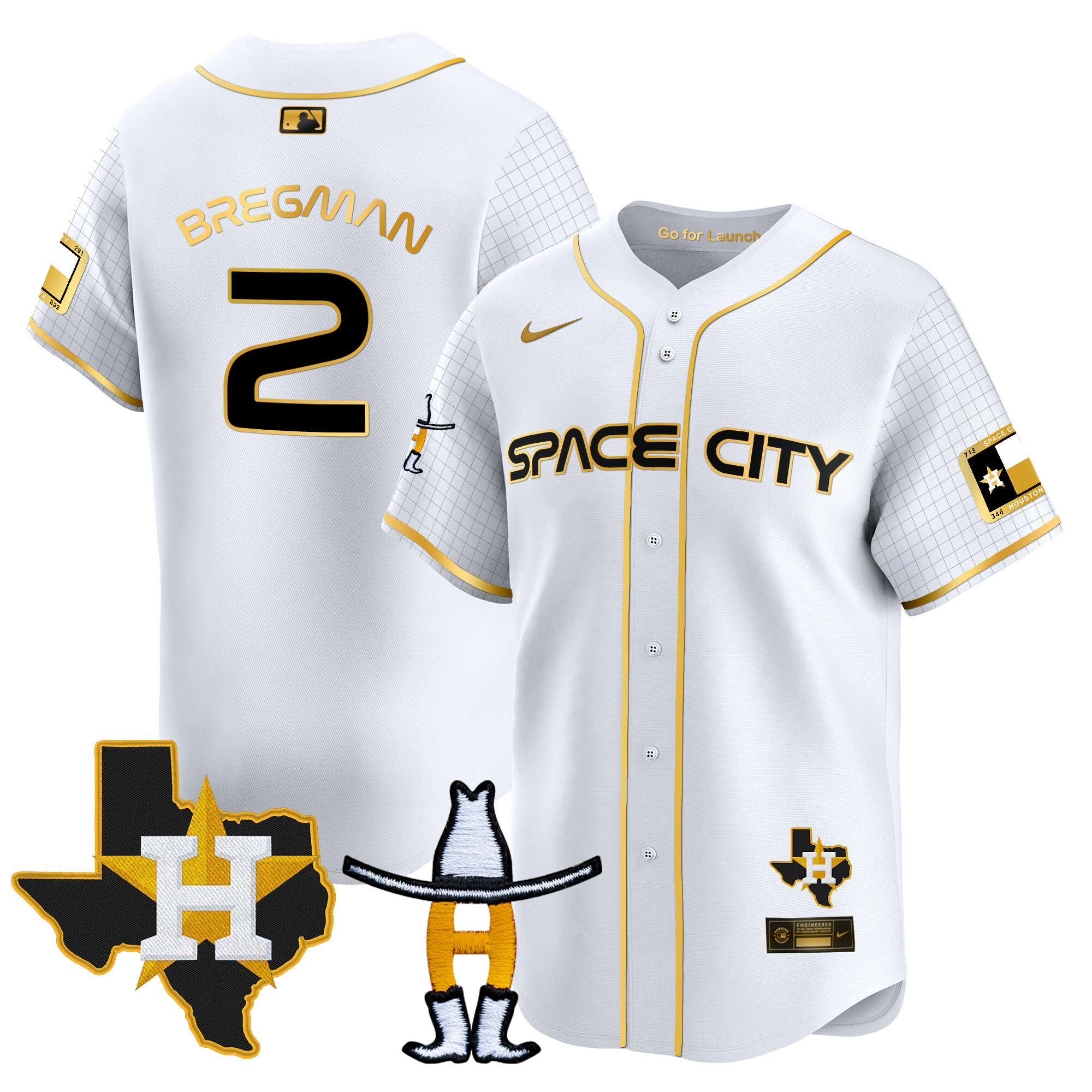 Alex Bregman Men's Houston Astros Space City Texas Patch Vapor Premier Limited White Gold Jersey - All Stitched
