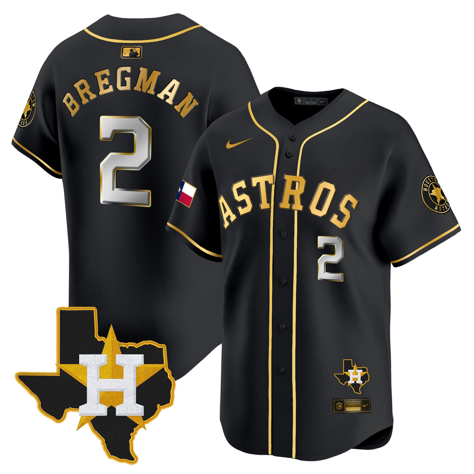 Alex Bregman Men's Houston Astros Texas Patch Vapor Premier Limited Black Gold Jersey - All Stitched