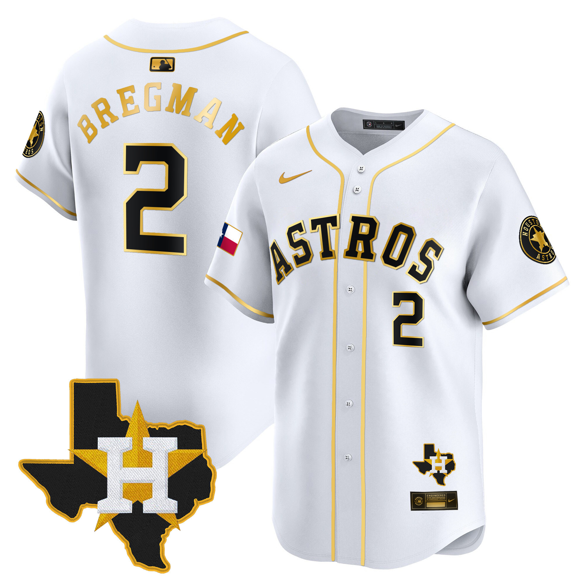 Alex Bregman Men's Houston Astros Texas Patch Vapor Premier Limited White Gold Jersey - All Stitched
