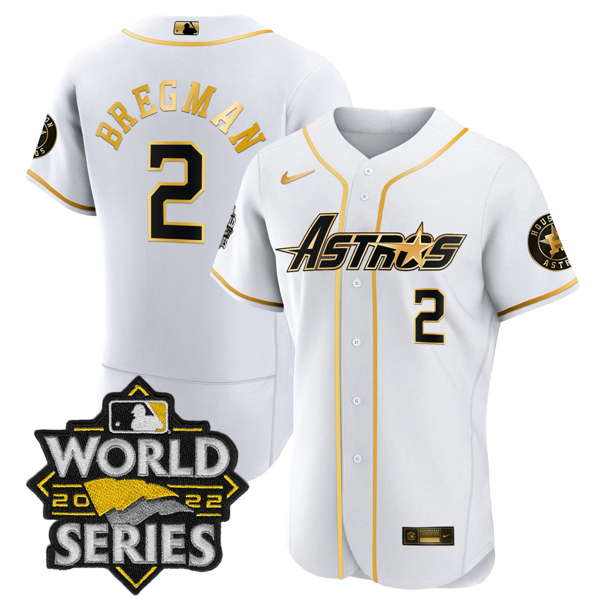 Alex Bregman Men's Houston Astros World Series & Throwback Patch Gold Flex White Jersey - All Stitched