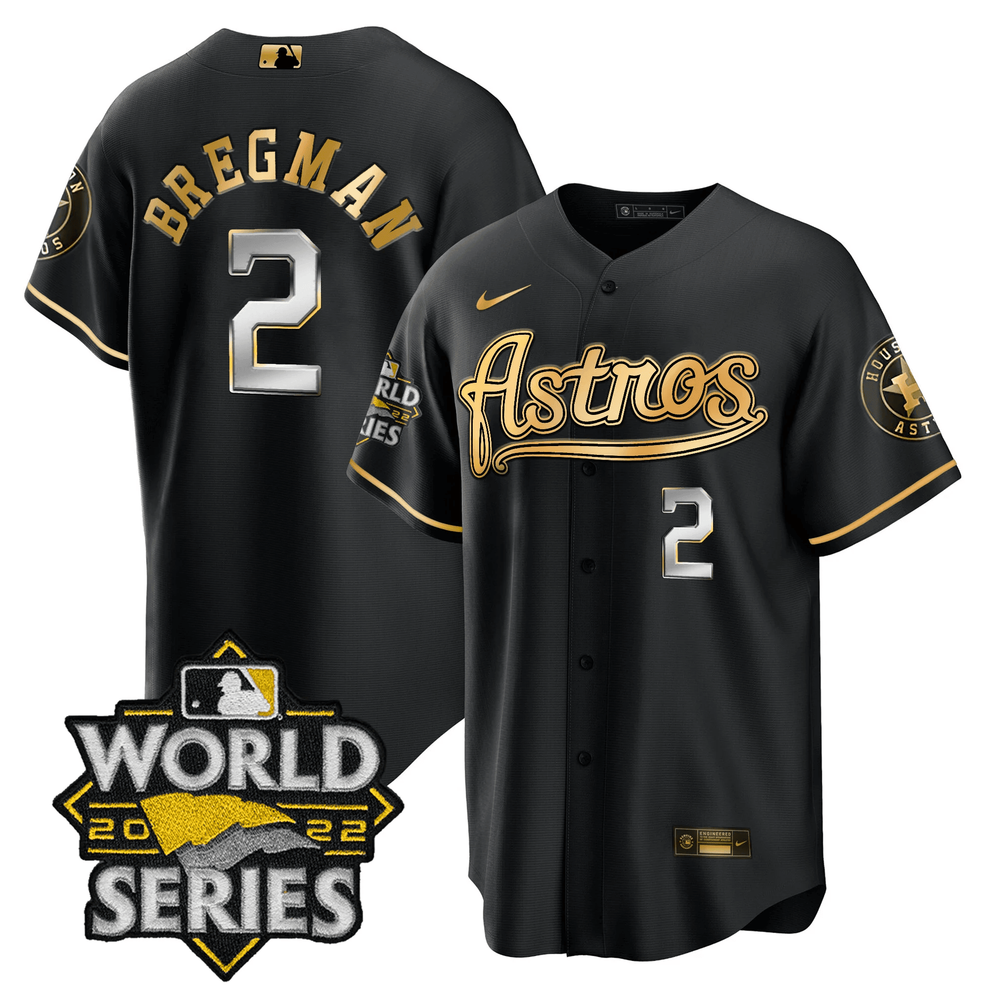 Alex Bregman Men's Houston Astros World Series & Throwback Patch Gold V2 Cool Black Jersey - All Stitched