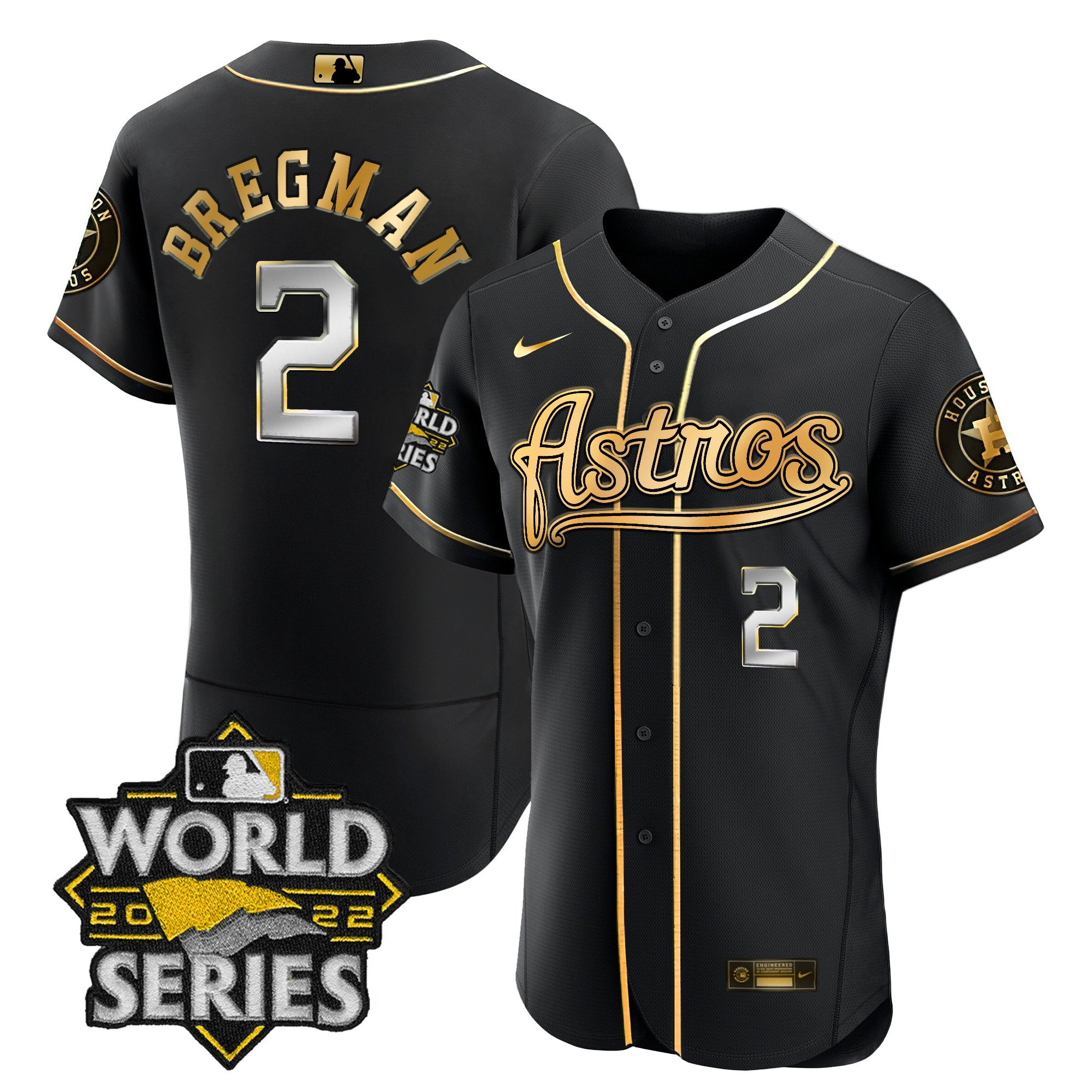 Alex Bregman Men's Houston Astros World Series & Throwback Patch Gold V2 Flex Black Jersey - All Stitched