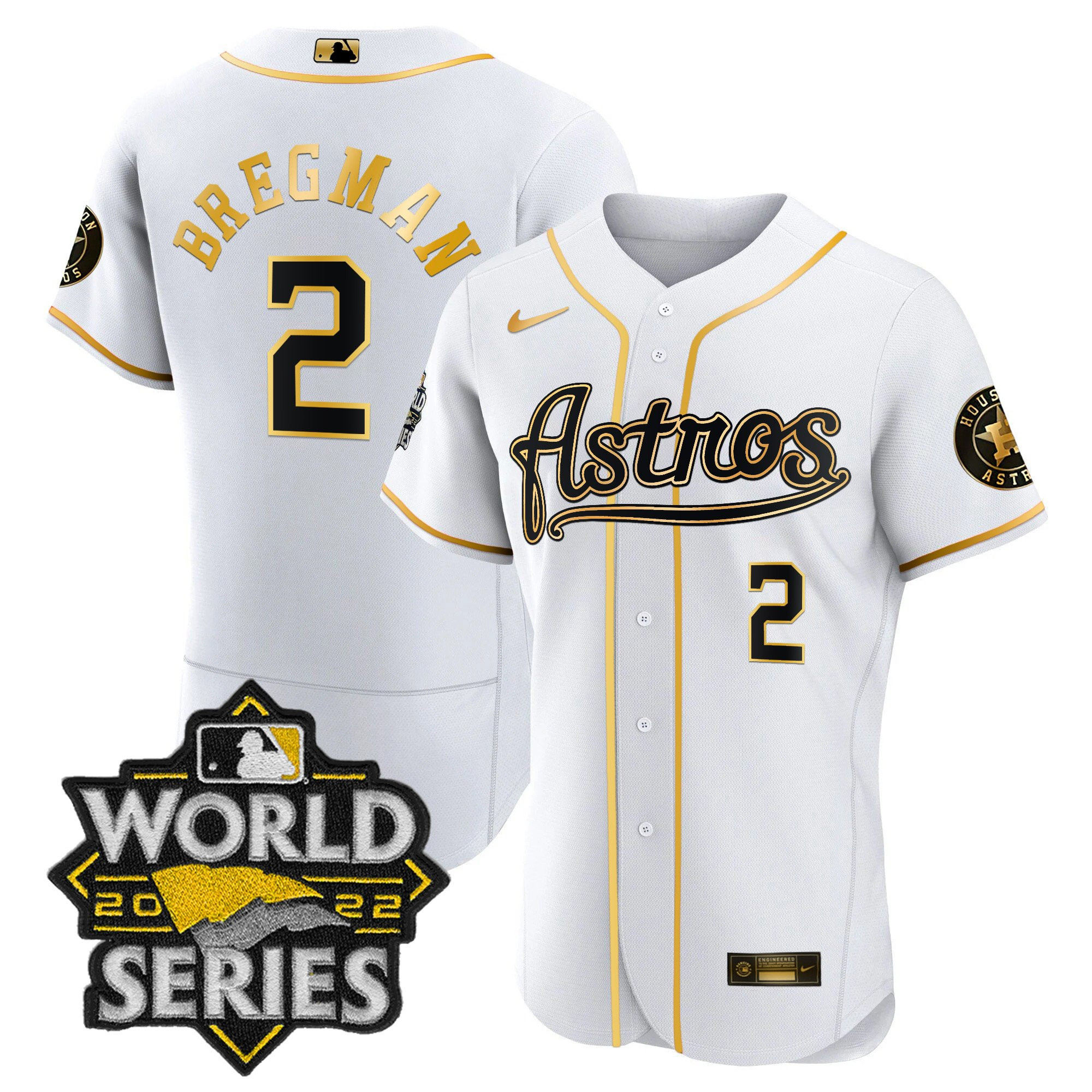 Alex Bregman Men's Houston Astros World Series & Throwback Patch Gold V2 Flex White Jersey - All Stitched