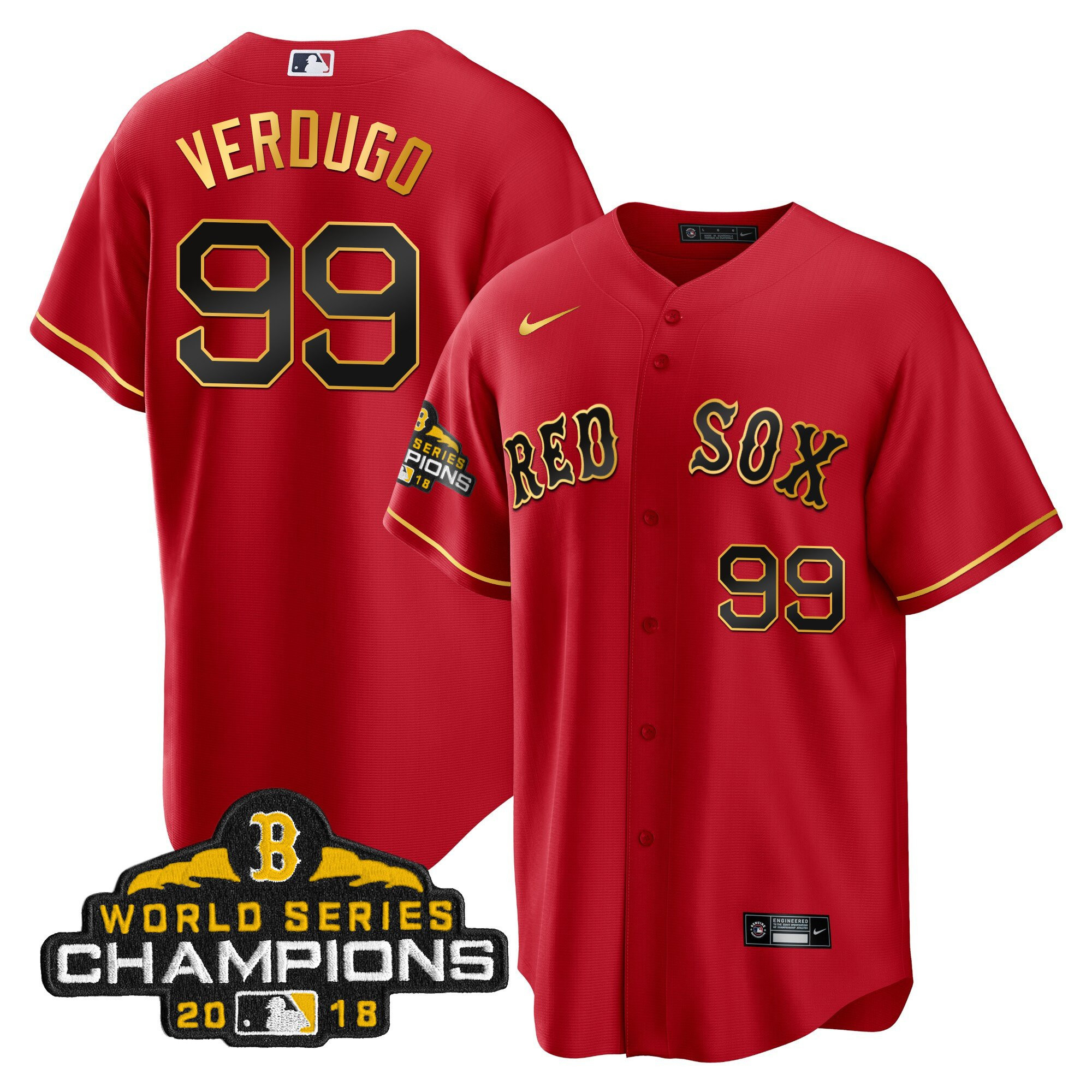 Alex Verdugo Men Boston Red Sox World Series Champion Gold Cool Red Jersey - All Stitched