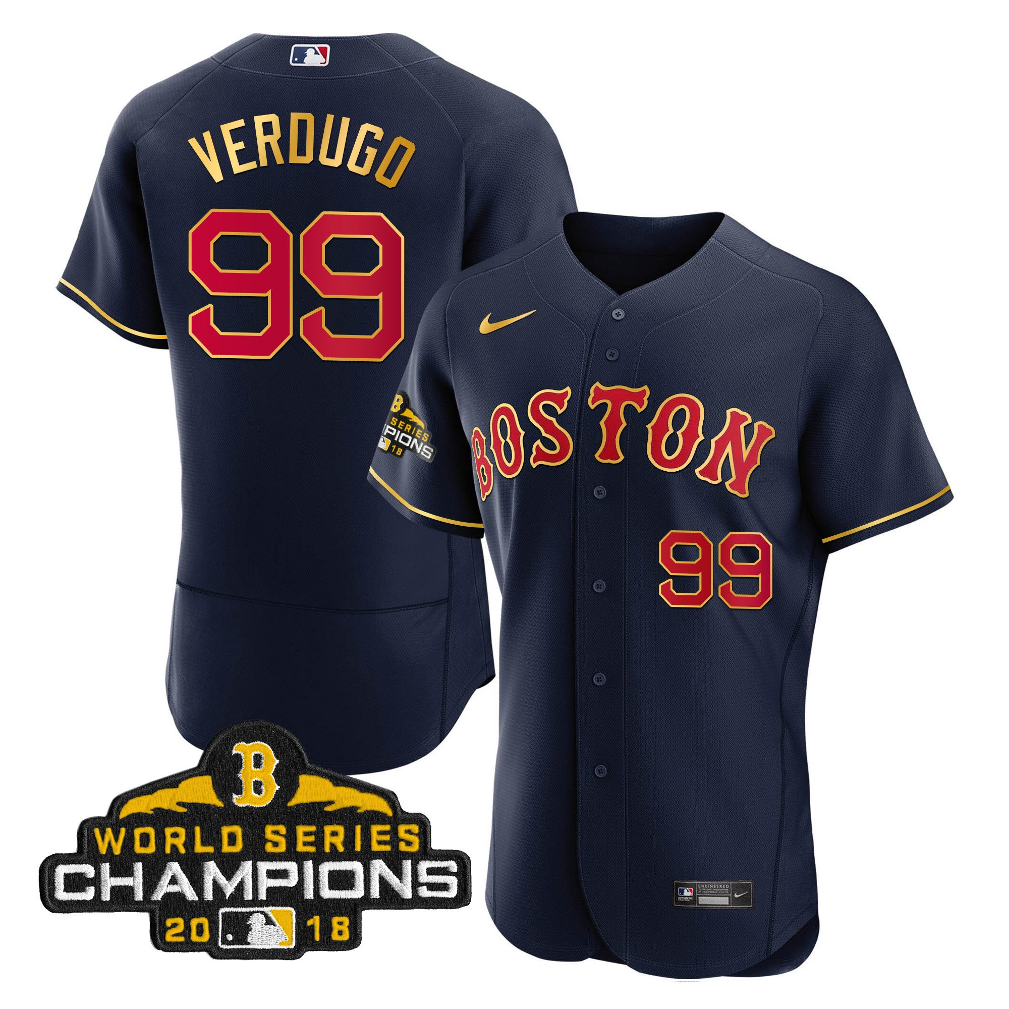 Alex Verdugo Men Boston Red Sox World Series Champion Gold Flex Navy Jersey - All Stitched