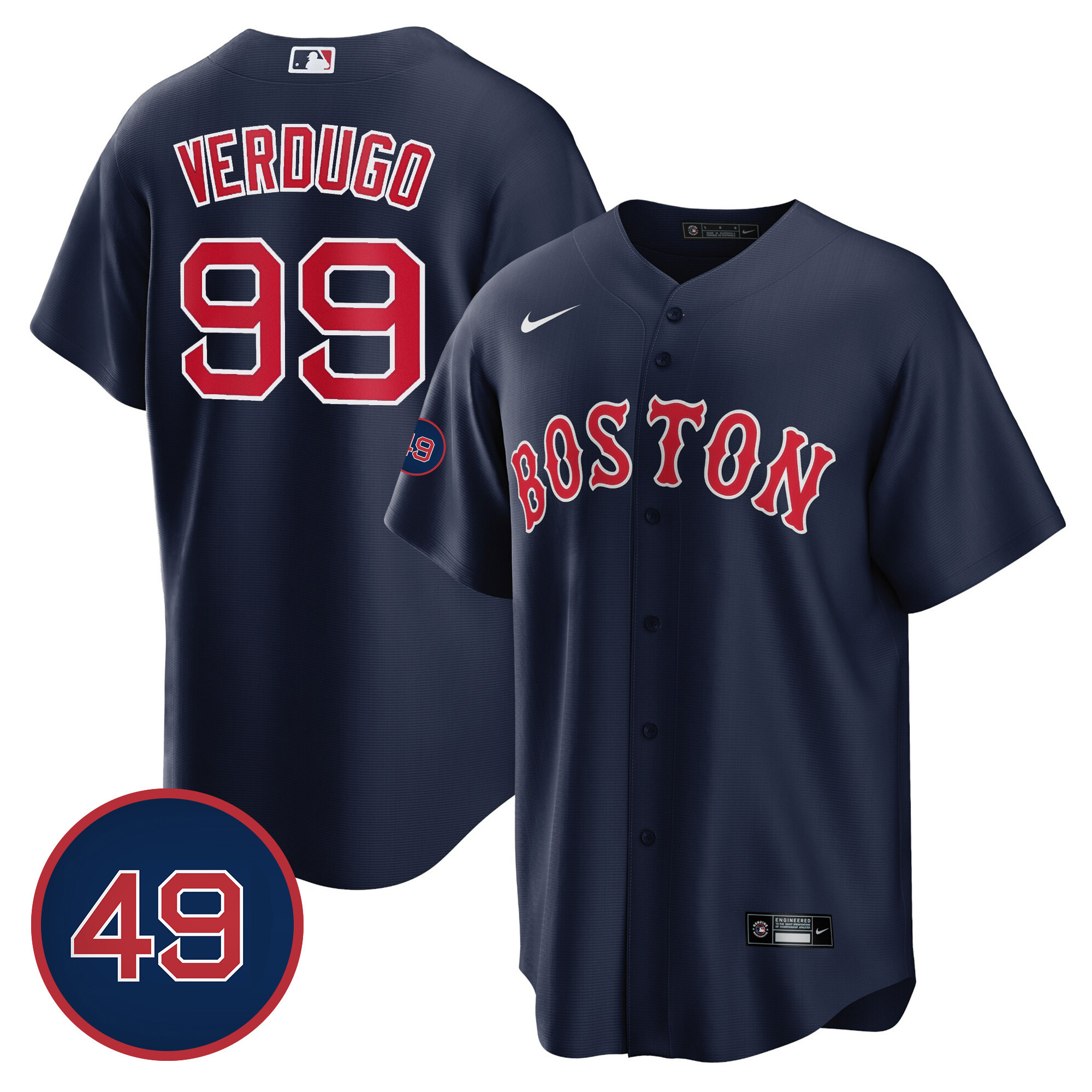 Alex Verdugo Men's Boston Red Sox #49 Tim Wakefield Patch Cool Base Navy Jersey - All Stitched