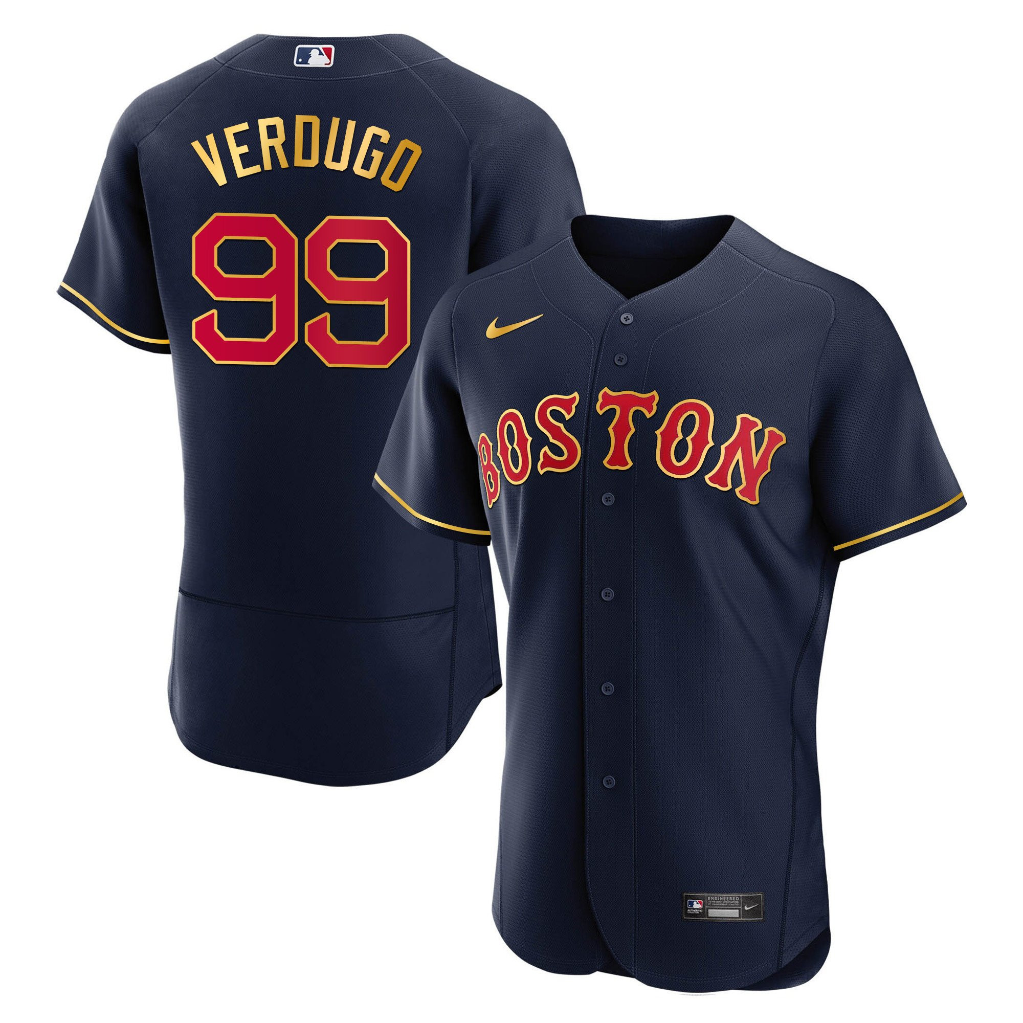 Alex Verdugo Men's Boston Red Sox Gold Trim Flex Navy Jersey - All Stitched
