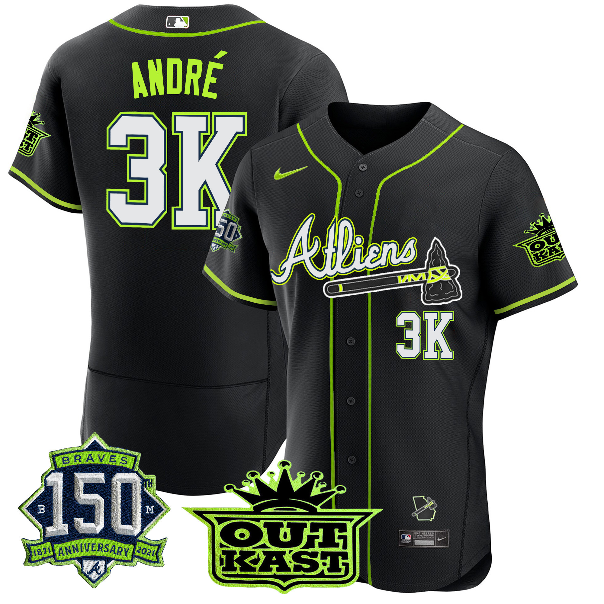 André Men's Atlanta Braves Atliens 150th Anniversary Patch Flex Base Black Jersey - All Stitched