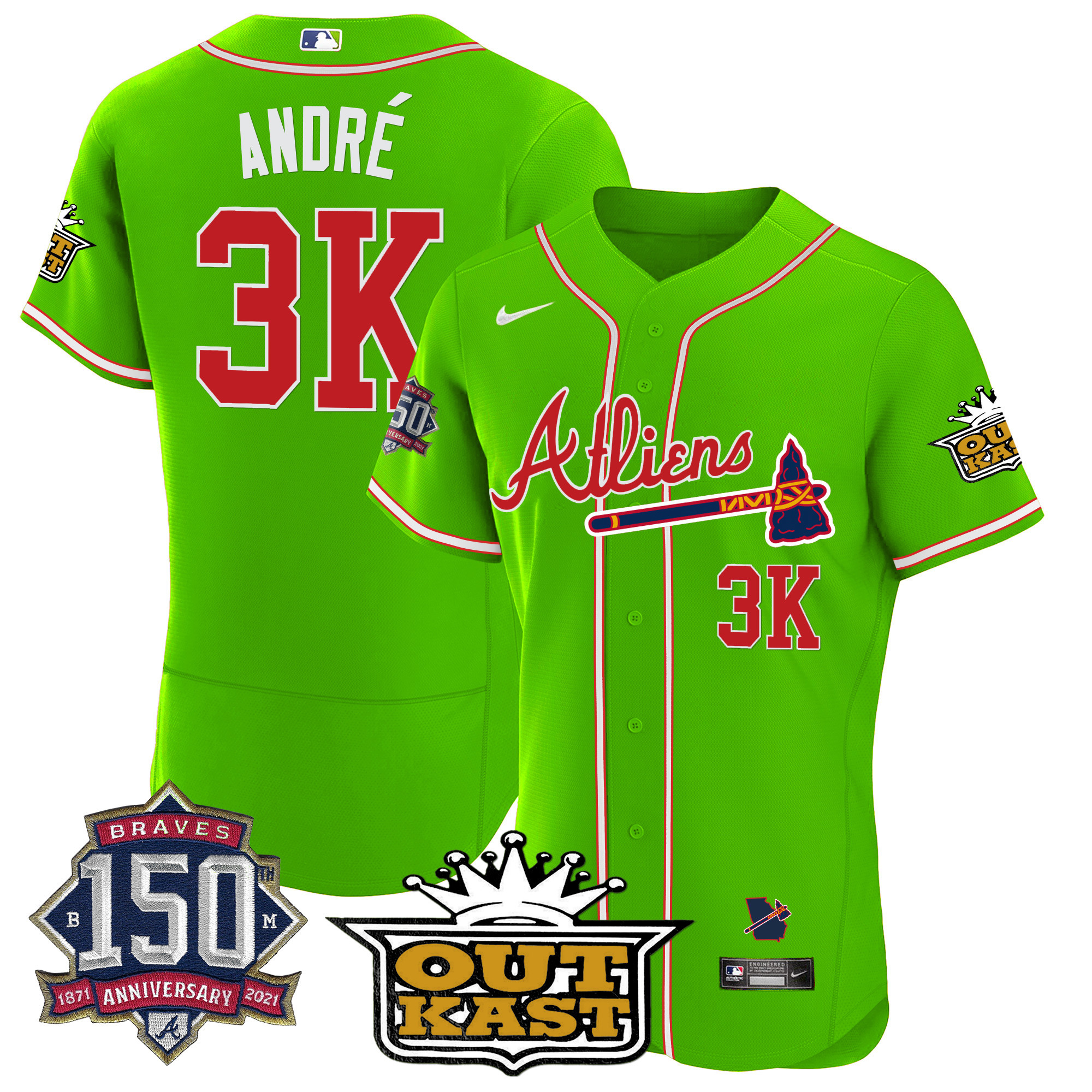 André Men's Atlanta Braves Atliens 150th Anniversary Patch Flex Base Bright Green Jersey - All Stitched