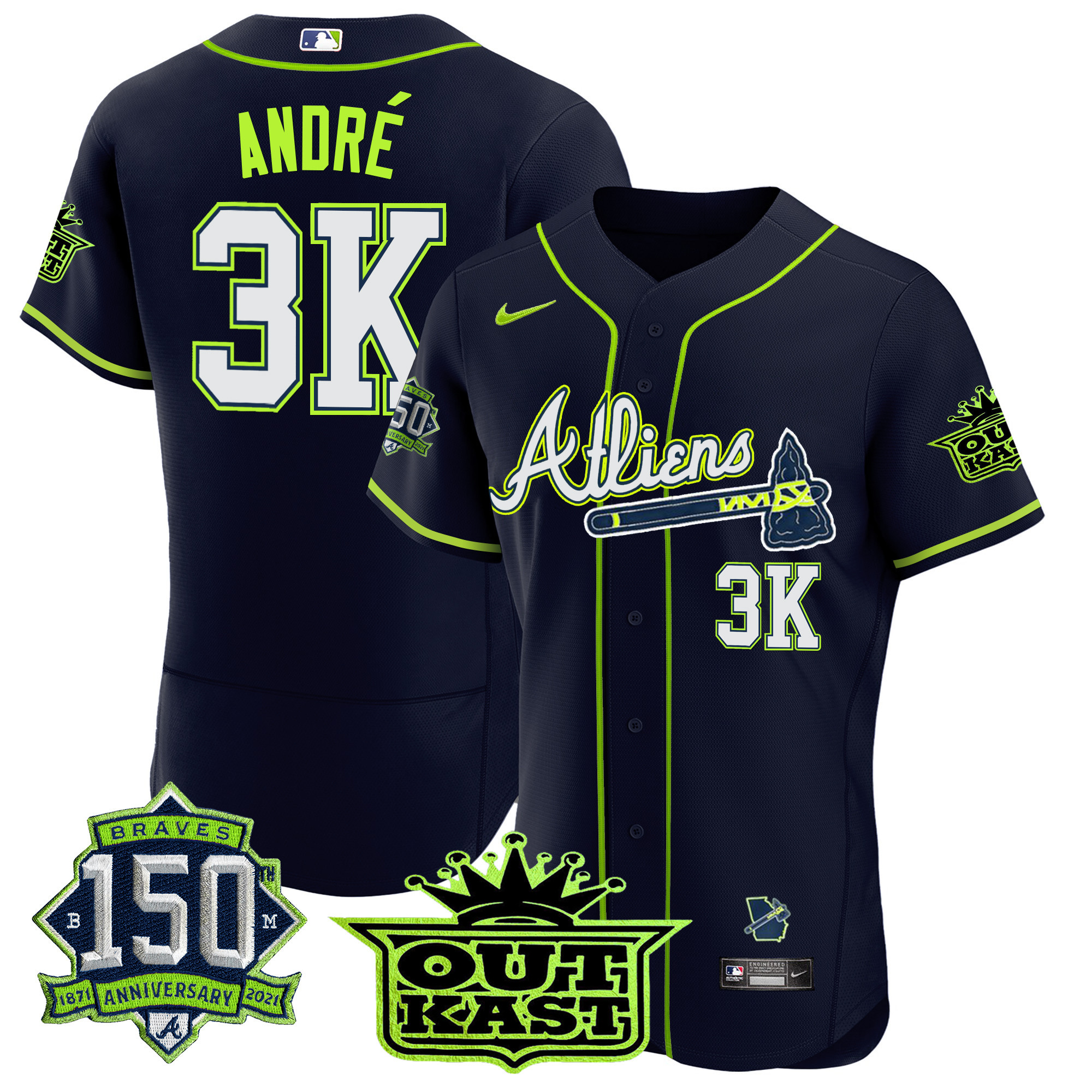 André Men's Atlanta Braves Atliens 150th Anniversary Patch Flex Base Jersey - All Stitched