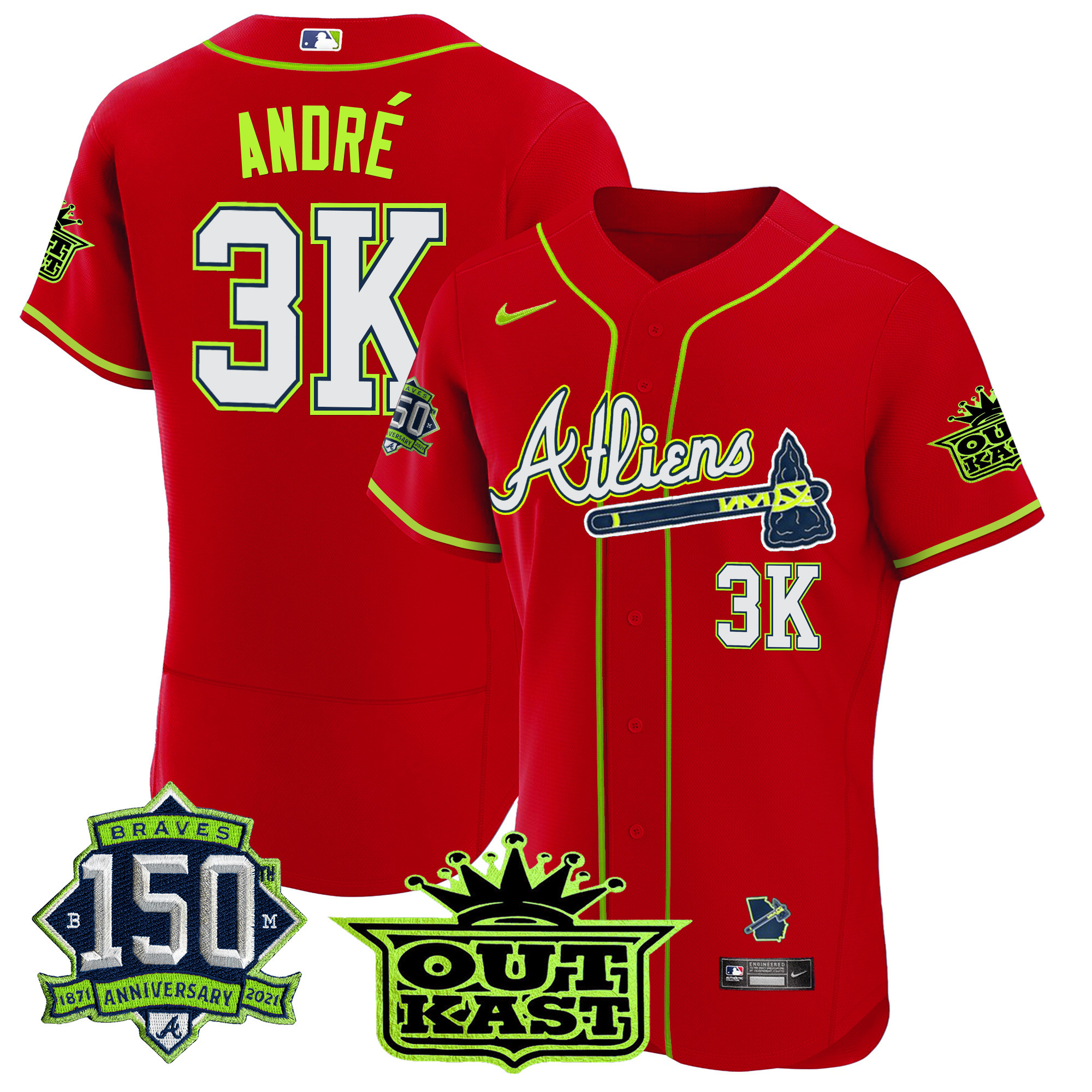 André Men's Atlanta Braves Atliens 150th Anniversary Patch Flex Base Red Jersey - All Stitched