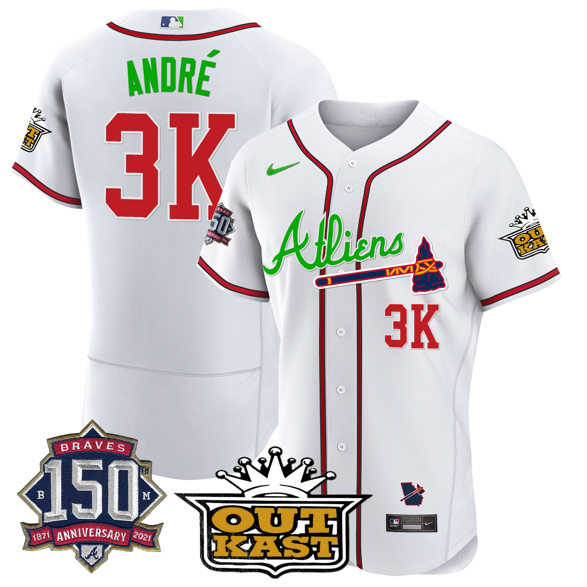 André Men's Atlanta Braves Atliens 150th Anniversary Patch Flex Base White Jersey - All Stitched
