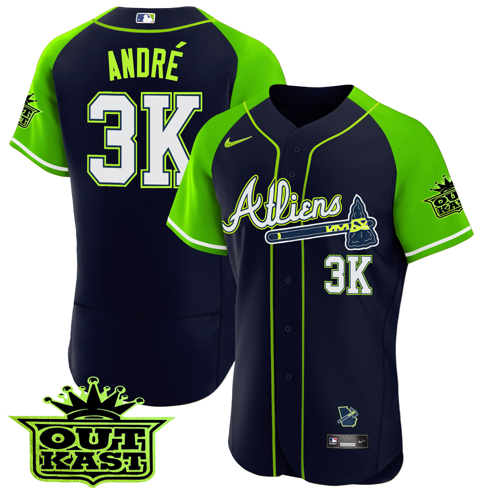 André Men's Atlanta Braves Atliens Alternate Flex Base Atliens-Bright Green Jersey - All Stitched