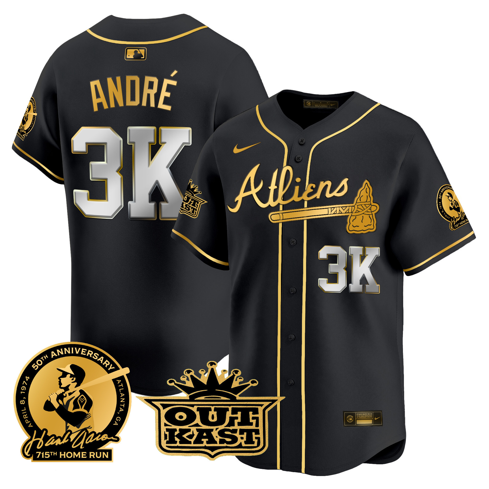 André Men's Atlanta Braves Atliens & Hank Aaron Patch Vapor Premier Limited Black Gold Jersey - All Stitched