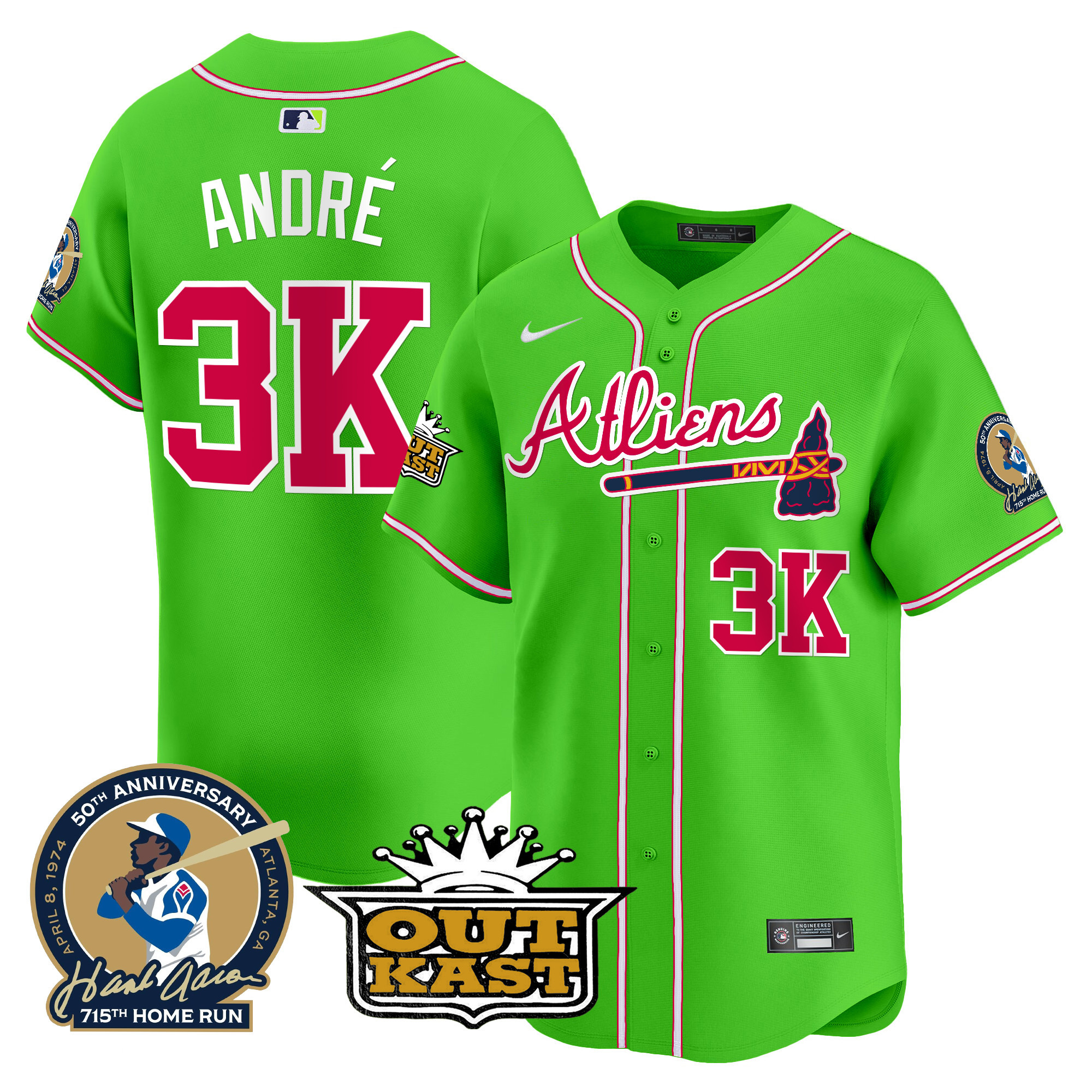 André Men's Atlanta Braves Atliens & Hank Aaron Patch Vapor Premier Limited Bright Green Jersey - All Stitched