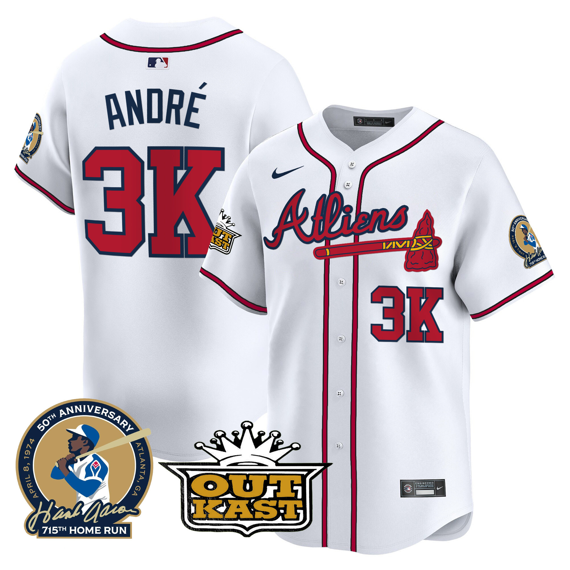 André Men's Atlanta Braves Atliens & Hank Aaron Patch Vapor Premier Limited White Jersey - All Stitched
