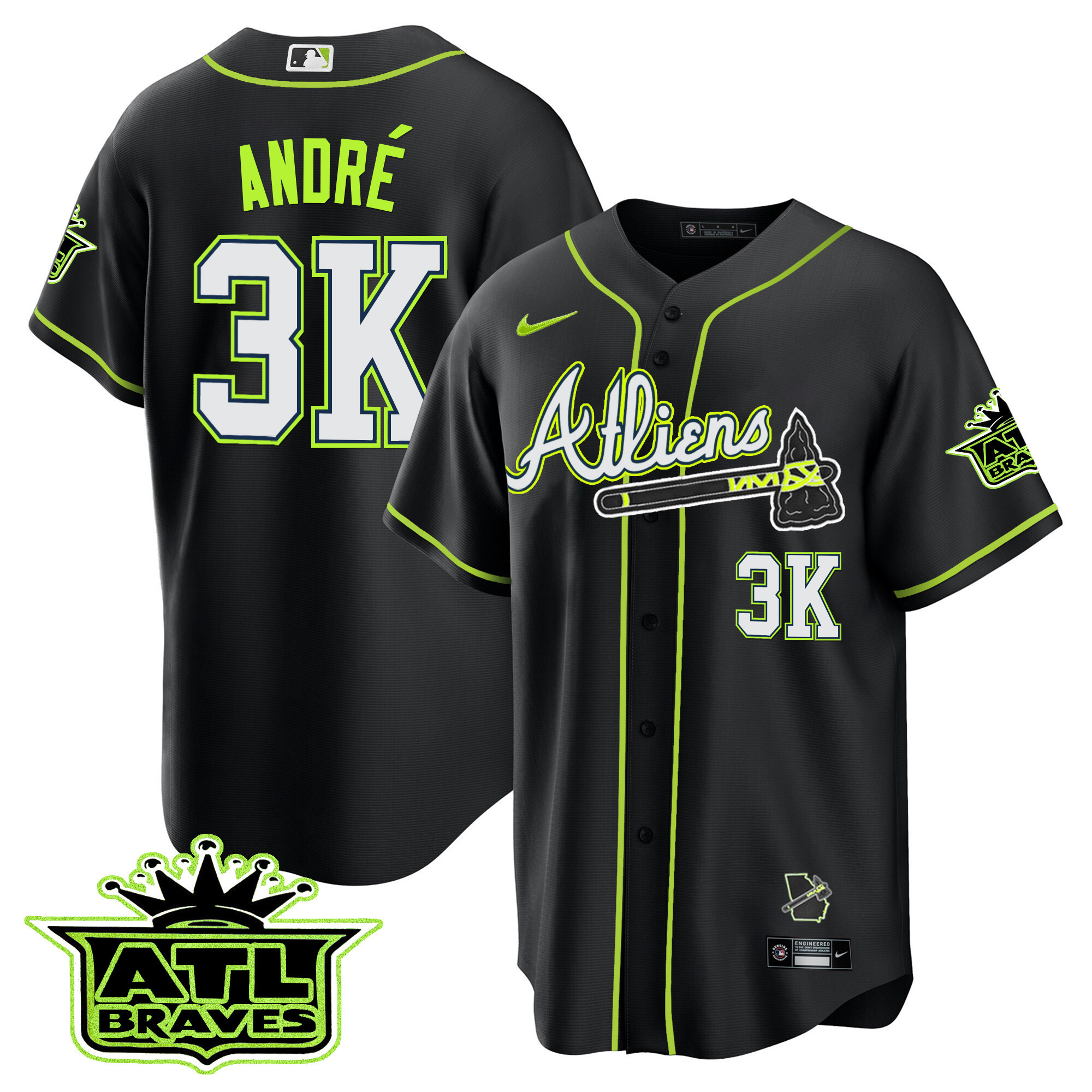 André Men's Atlanta Braves Atliens ATL Patch Cool Base Black Jersey - All Stitched