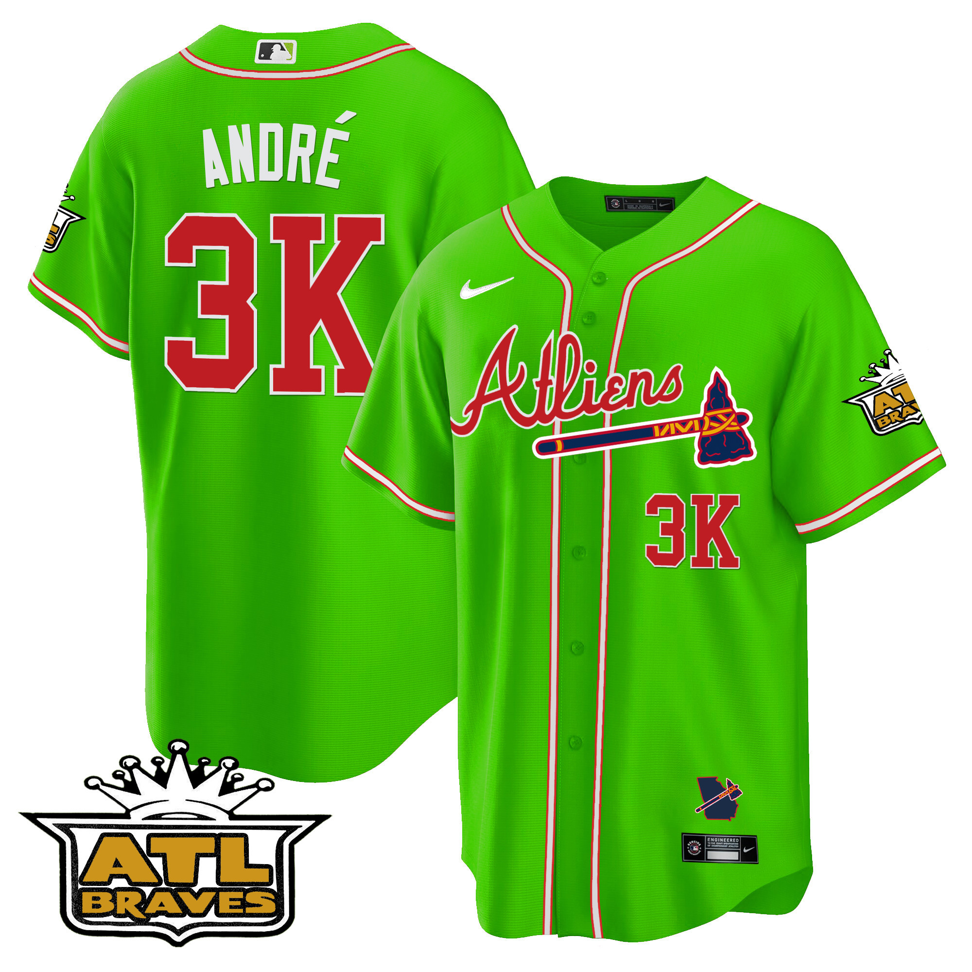André Men's Atlanta Braves Atliens ATL Patch Cool Base Bright Green Jersey - All Stitched