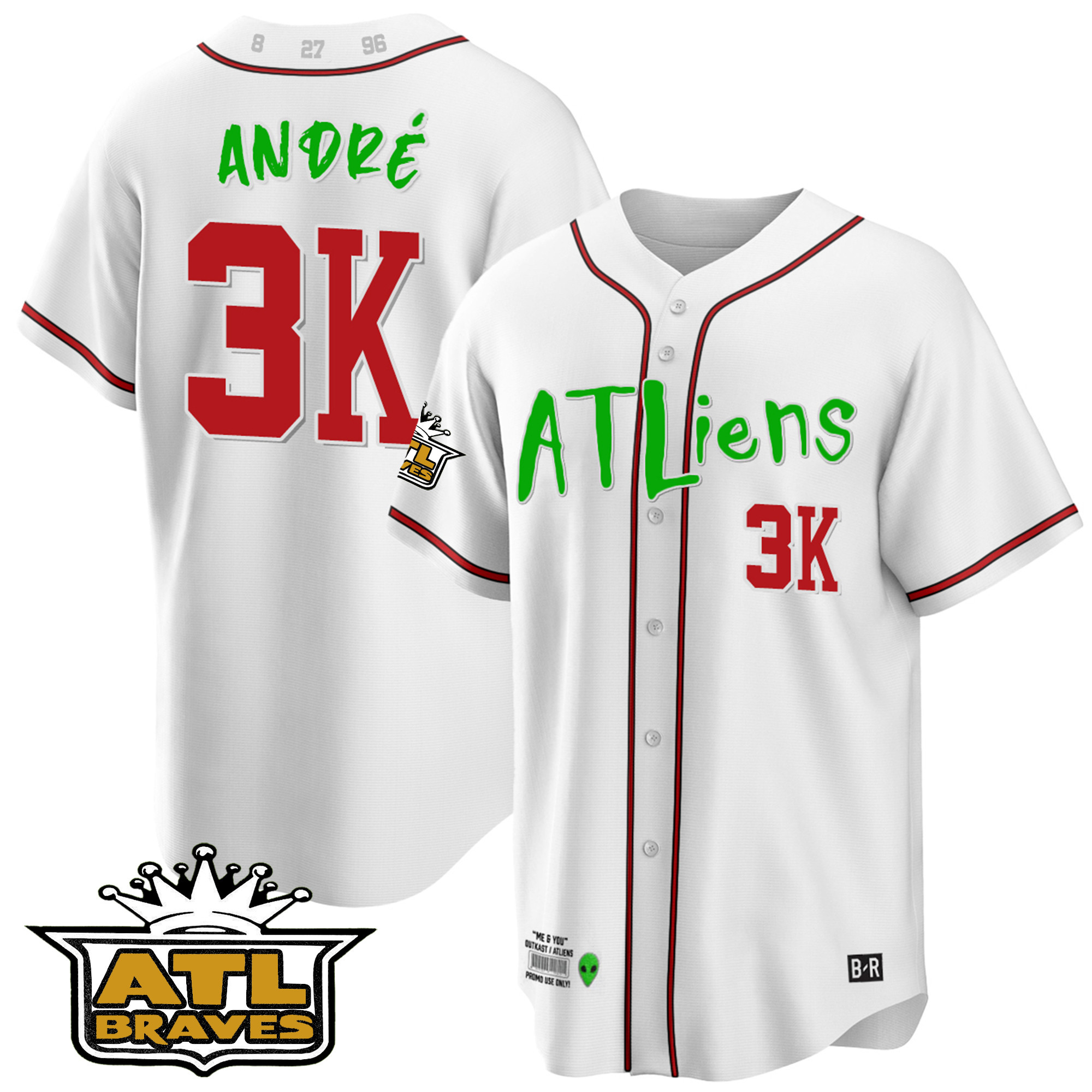 André Men's Atlanta Braves Atliens ATL Patch Cool Base White Jersey - All Stitched