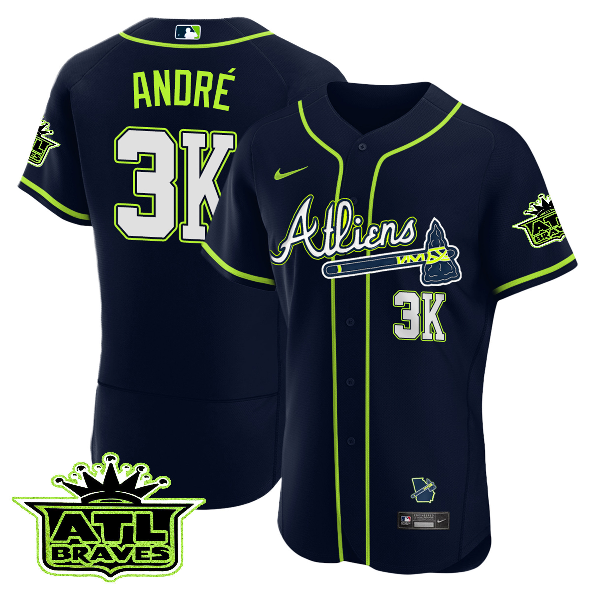 André Men's Atlanta Braves Atliens ATL Patch Flex Base Jersey - All Stitched