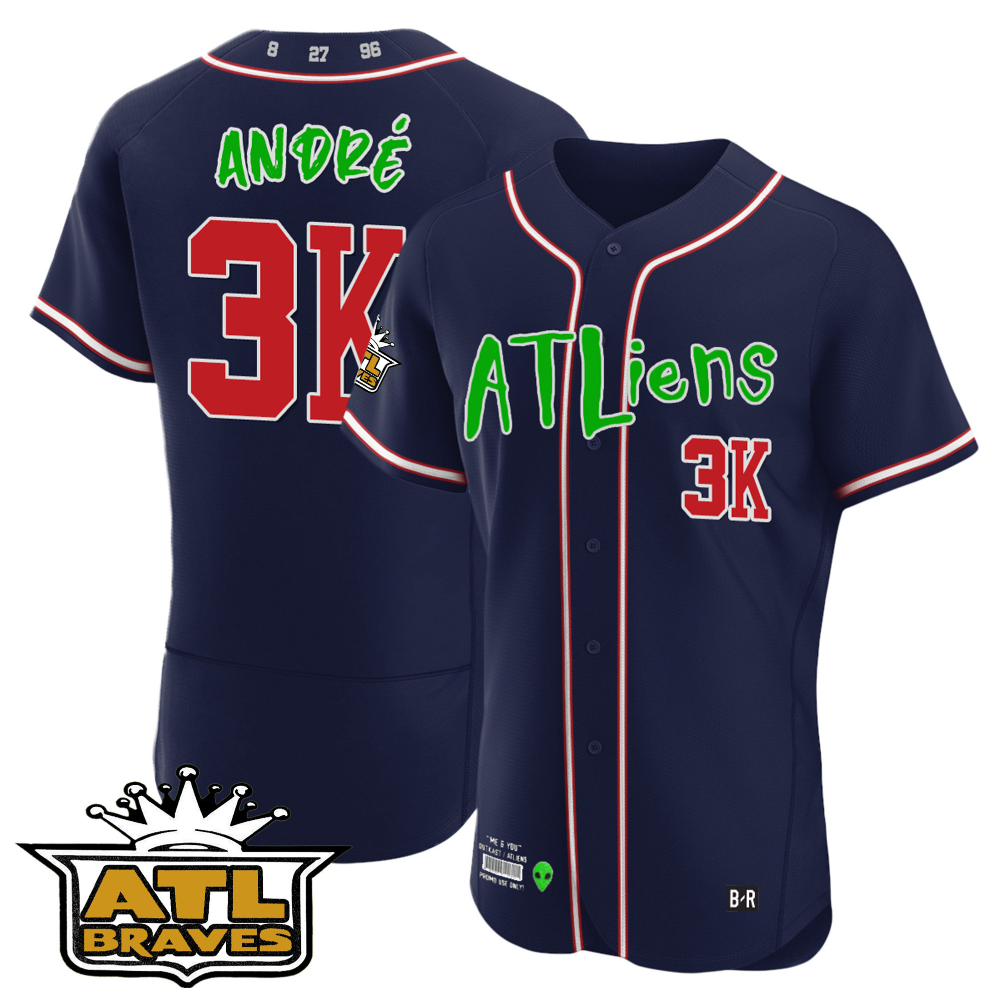 André Men's Atlanta Braves Atliens ATL Patch Flex Base Navy Jersey - All Stitched