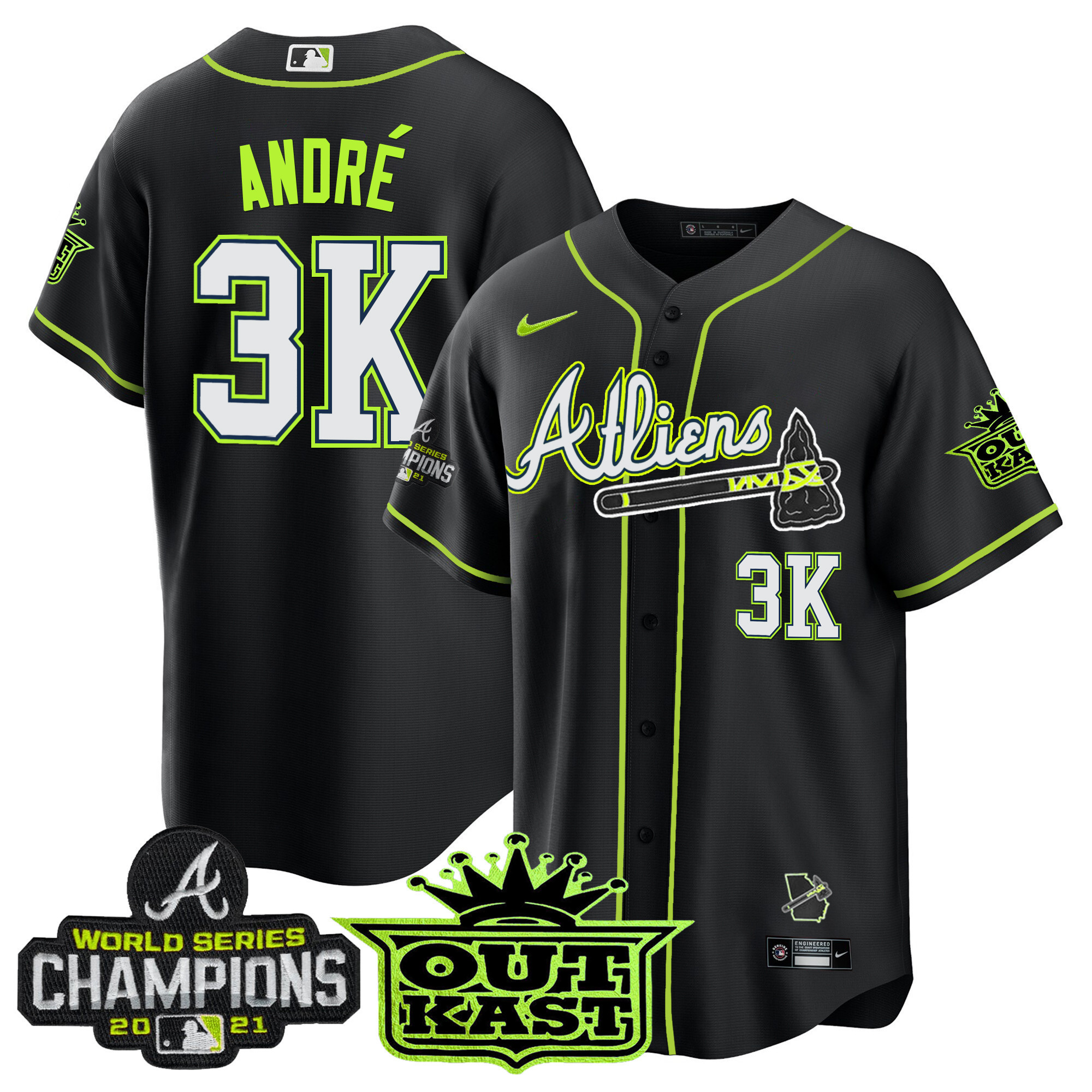 André Men's Atlanta Braves Atliens Champions Cool Base Black Jersey - All Stitched