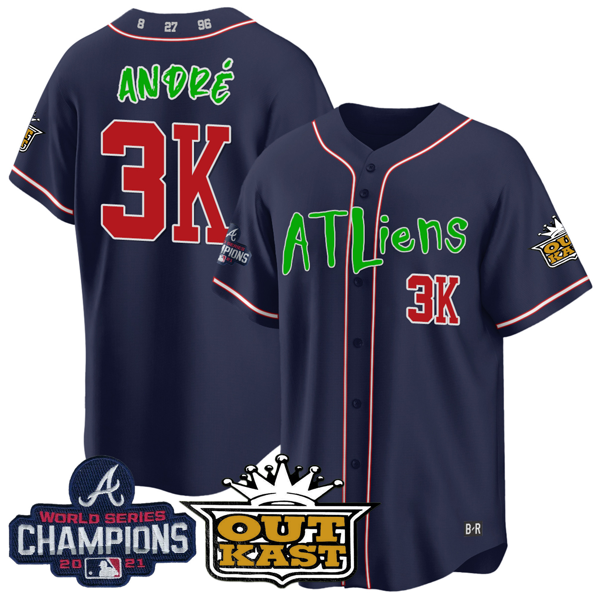 André Men's Atlanta Braves Atliens Champions Cool Base Navy Jersey - All Stitched