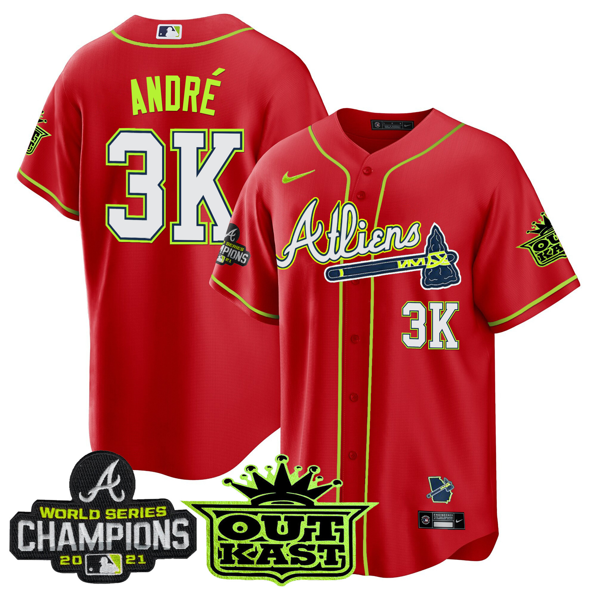 André Men's Atlanta Braves Atliens Champions Cool Base Red Jersey - All Stitched