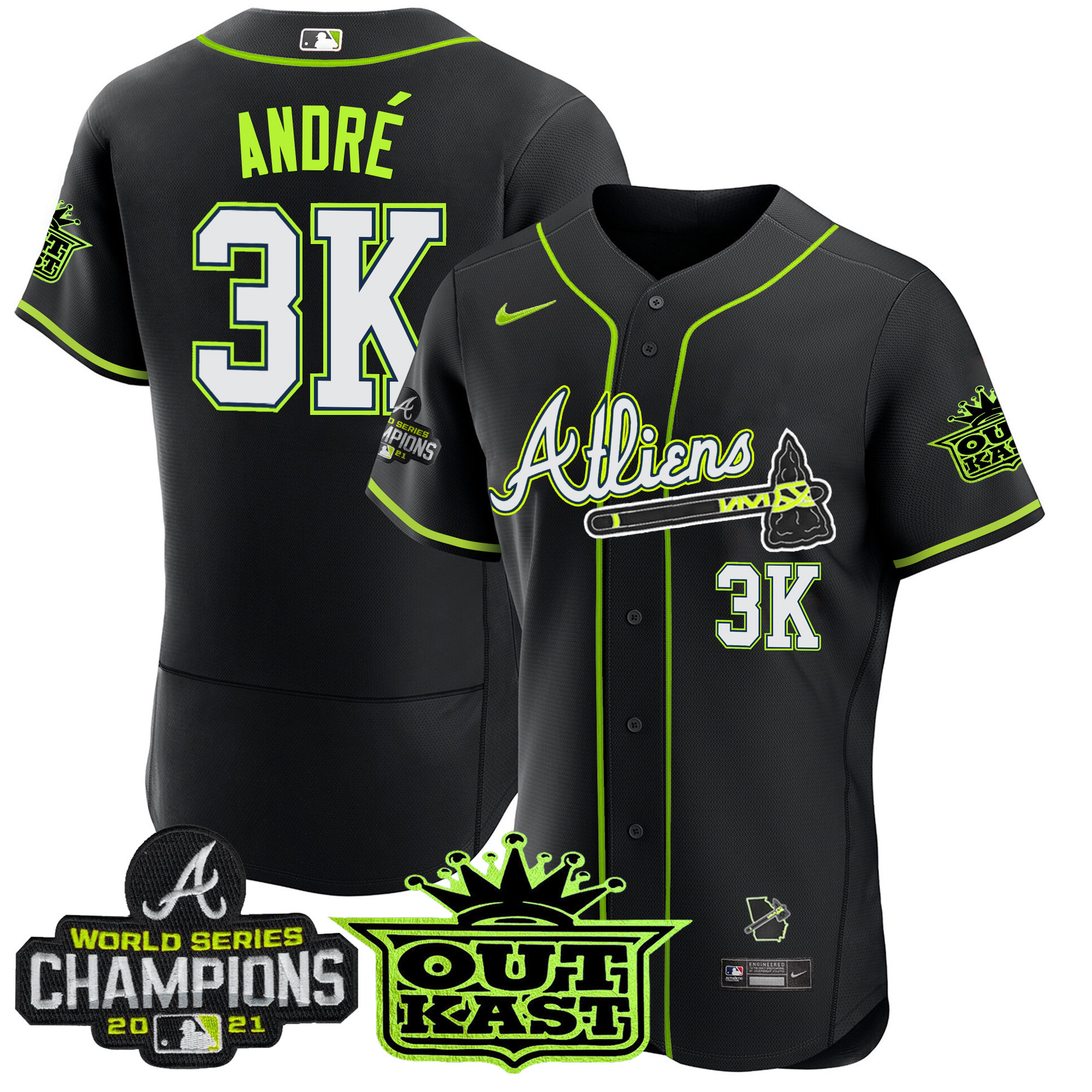 André Men's Atlanta Braves Atliens Champions Flex Base Black Jersey - All Stitched