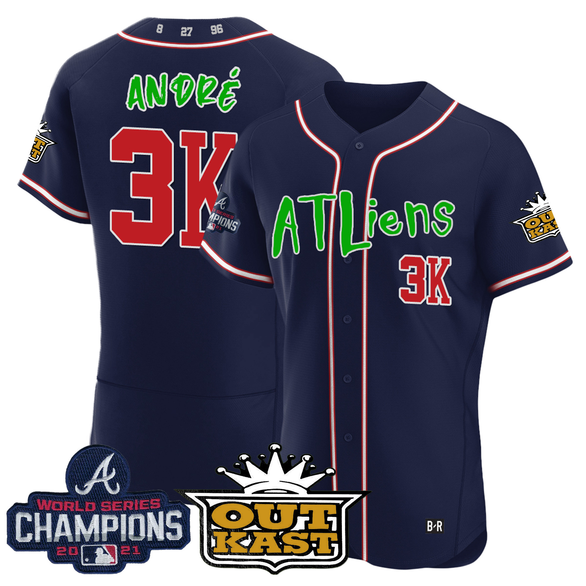 André Men's Atlanta Braves Atliens Champions Flex Base Navy Jersey - All Stitched