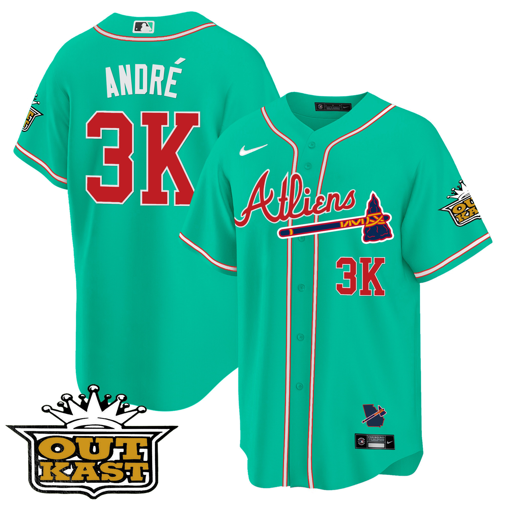 André Men's Atlanta Braves Atliens Cool Base - Galaxy Version Cyan Jersey - All Stitched