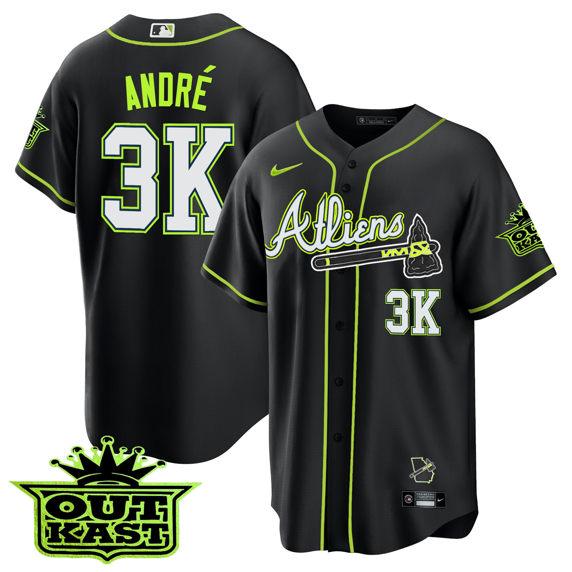 André Men's Atlanta Braves Atliens Cool Base Black Jersey - All Stitched